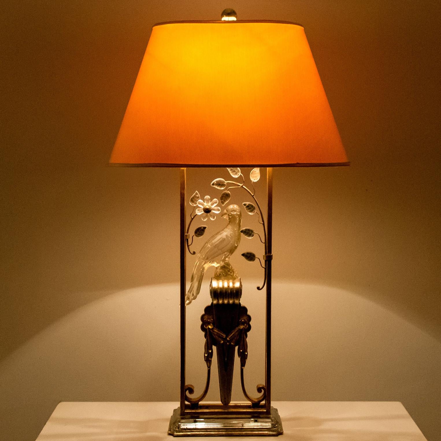 Pair of Gilted Metal, Silver Leaf & Crystal Parrot table lamp attr to Maison Bag 6