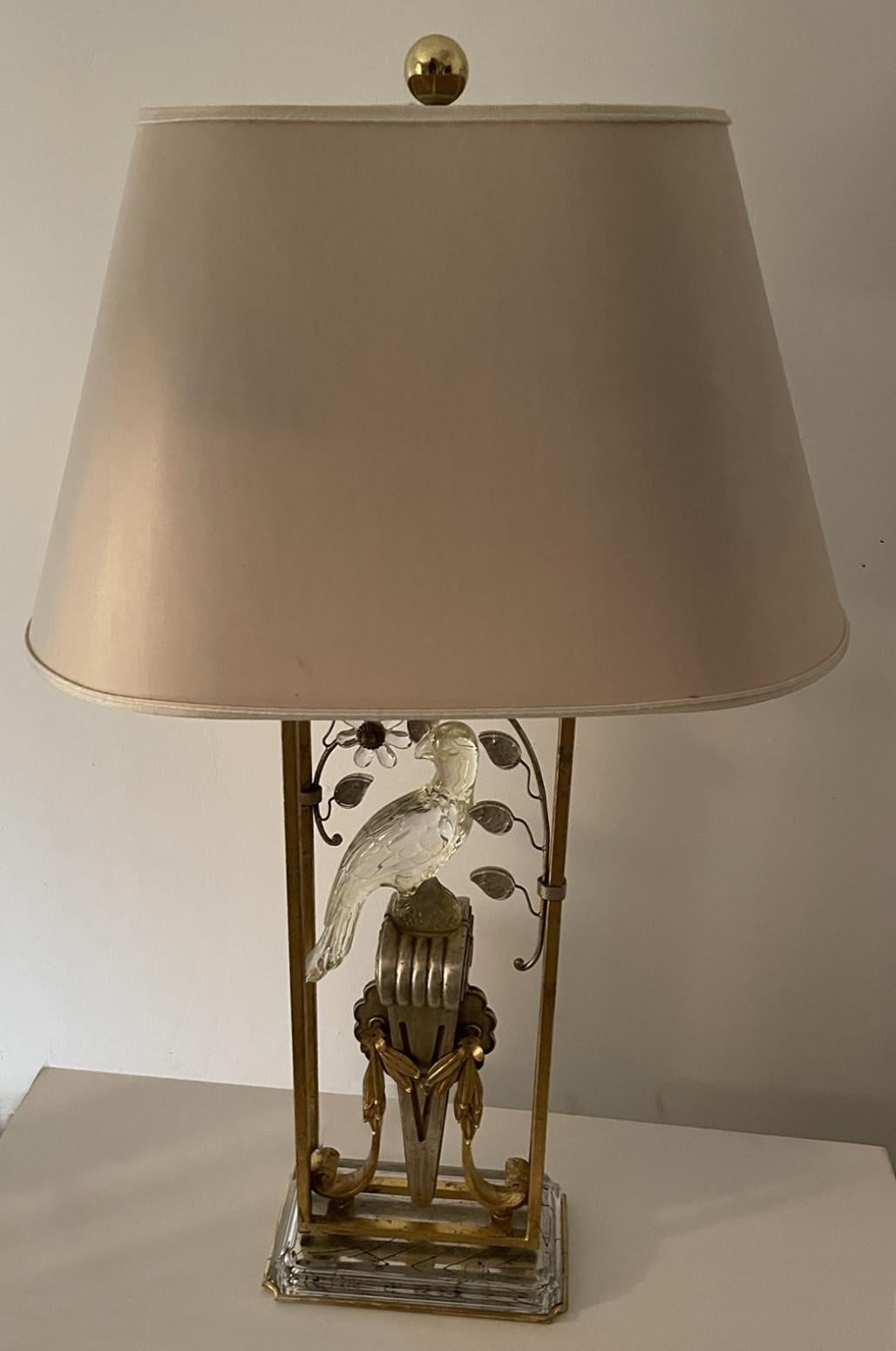 Other Pair of Gilted Metal, Silver Leaf & Crystal Parrot table lamp attr to Maison Bag