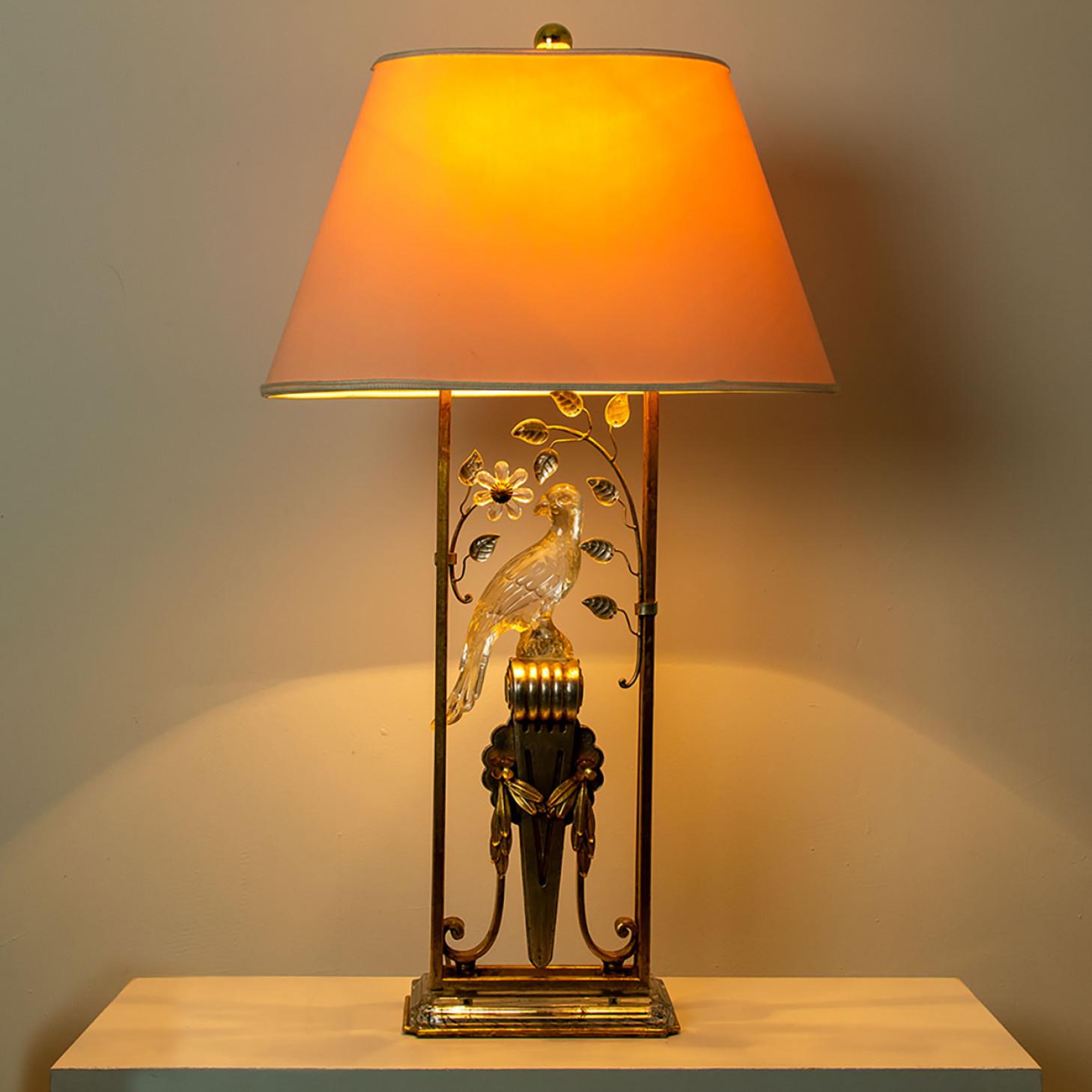 Early 17th Century Pair of Gilted Metal, Silver Leaf & Crystal Parrot table lamp attr to Maison Bag
