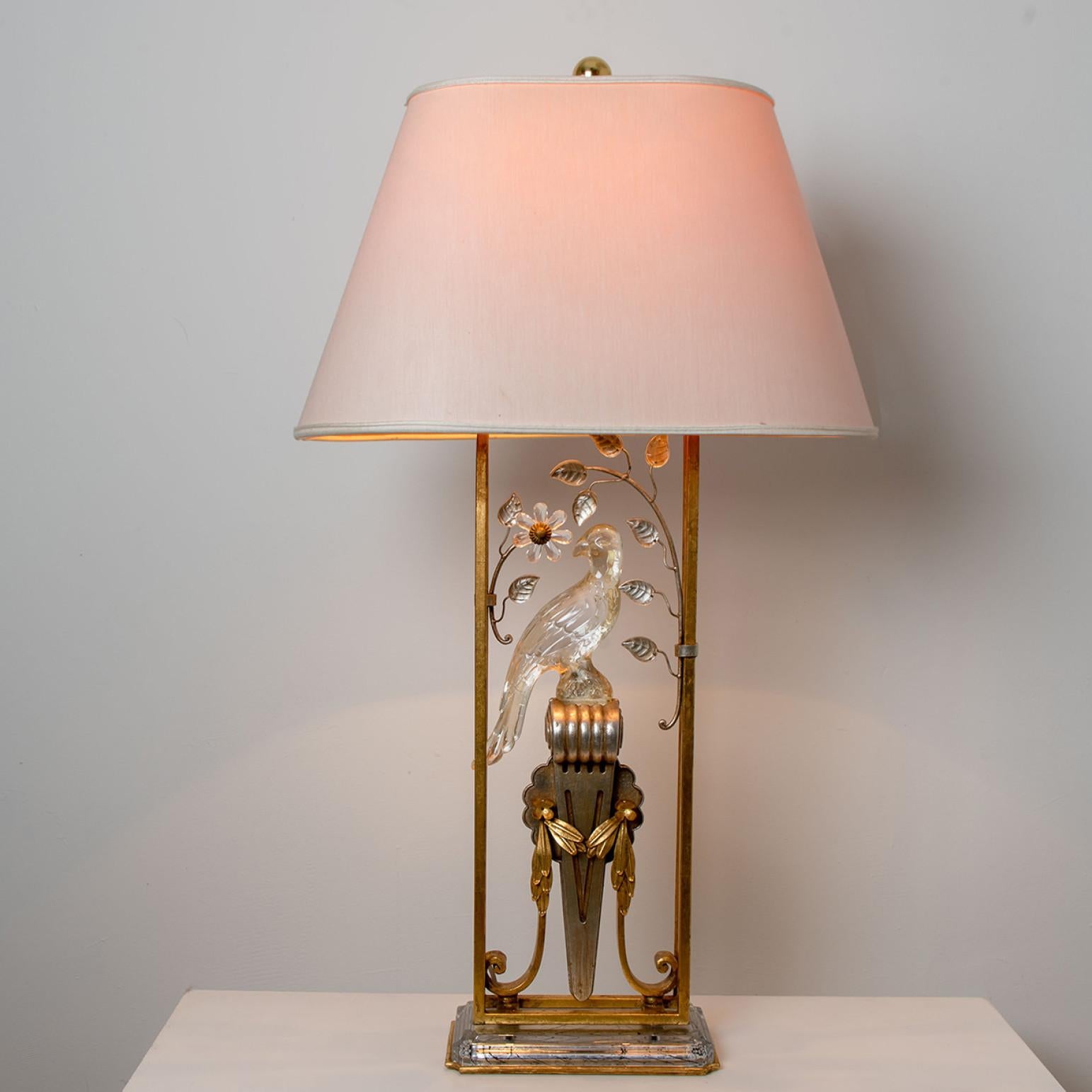 Pair of Gilted Metal, Silver Leaf & Crystal Parrot table lamp attr to Maison Bag 1
