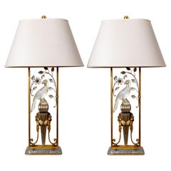 Pair of Gilted Metal, Silver Leaf & Crystal Parrot table lamp attr to Maison Bag
