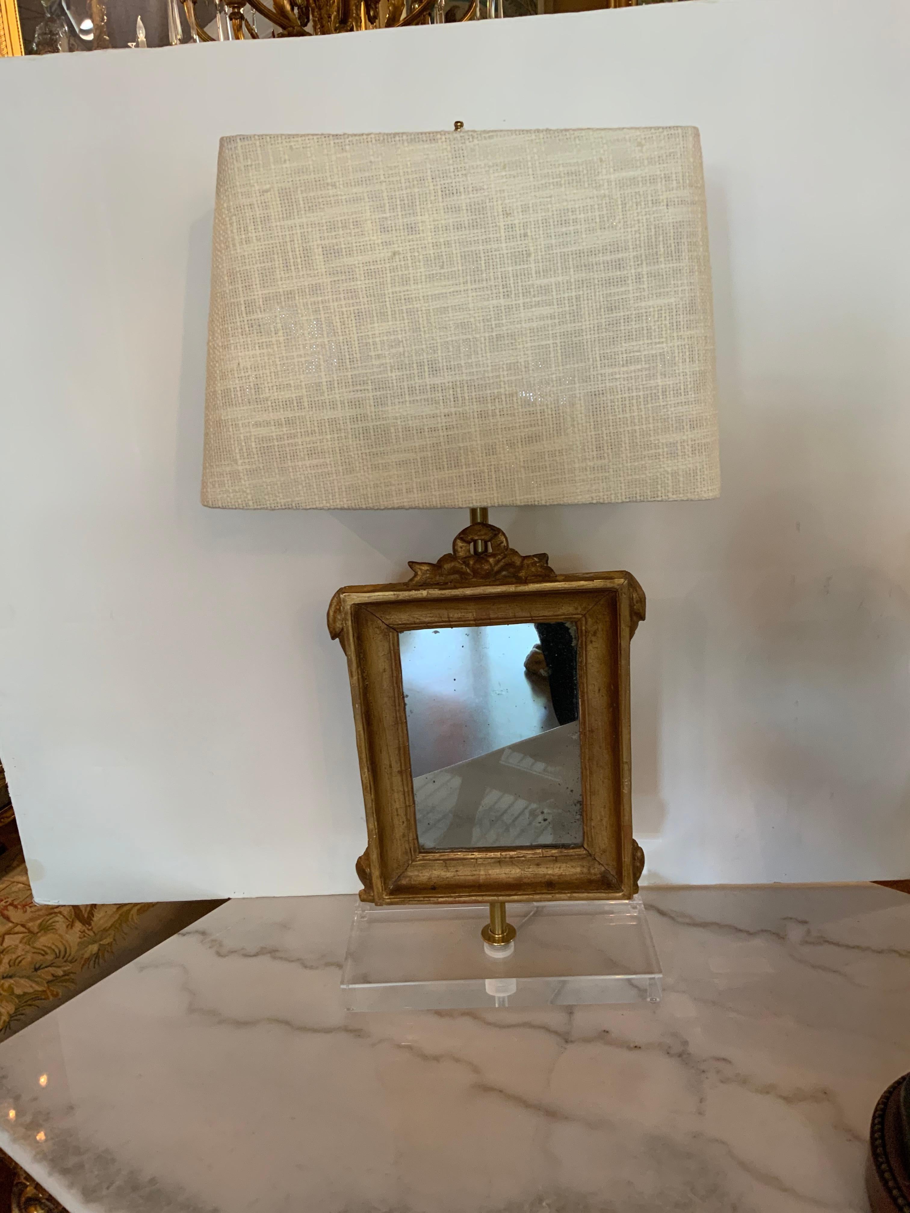 Pair of Giltwood 19th C. Mirrors, Mounted as Lamps on Acrylic Bases In Good Condition For Sale In Houston, TX