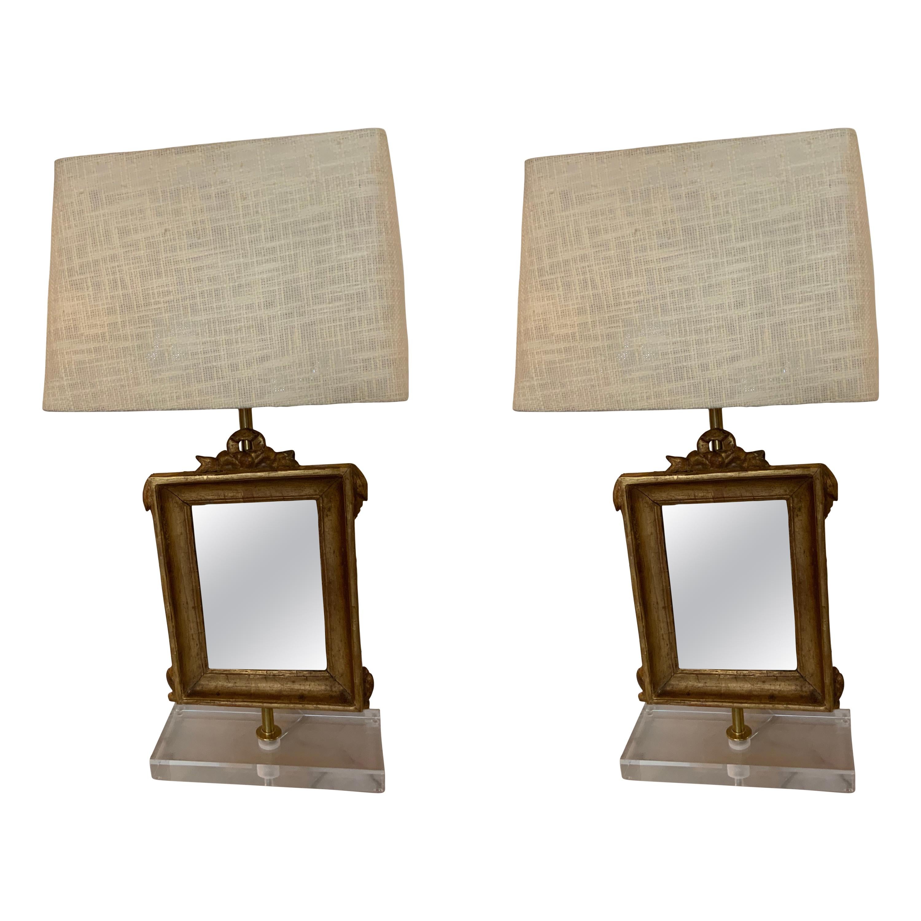 Pair of Giltwood 19th C. Mirrors, Mounted as Lamps on Acrylic Bases