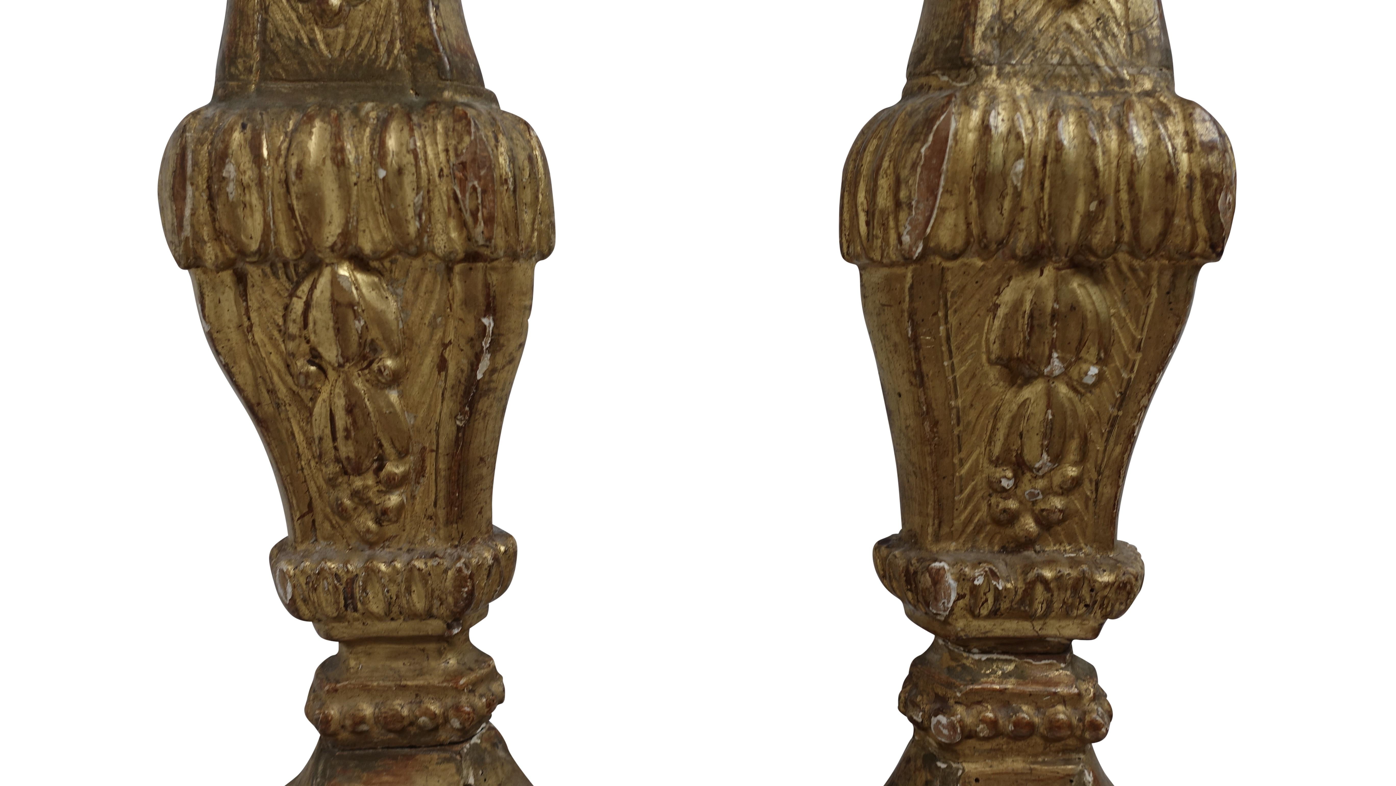 Pair of Giltwood Altar Candlestick Lamps, Italian, 18th Century 3