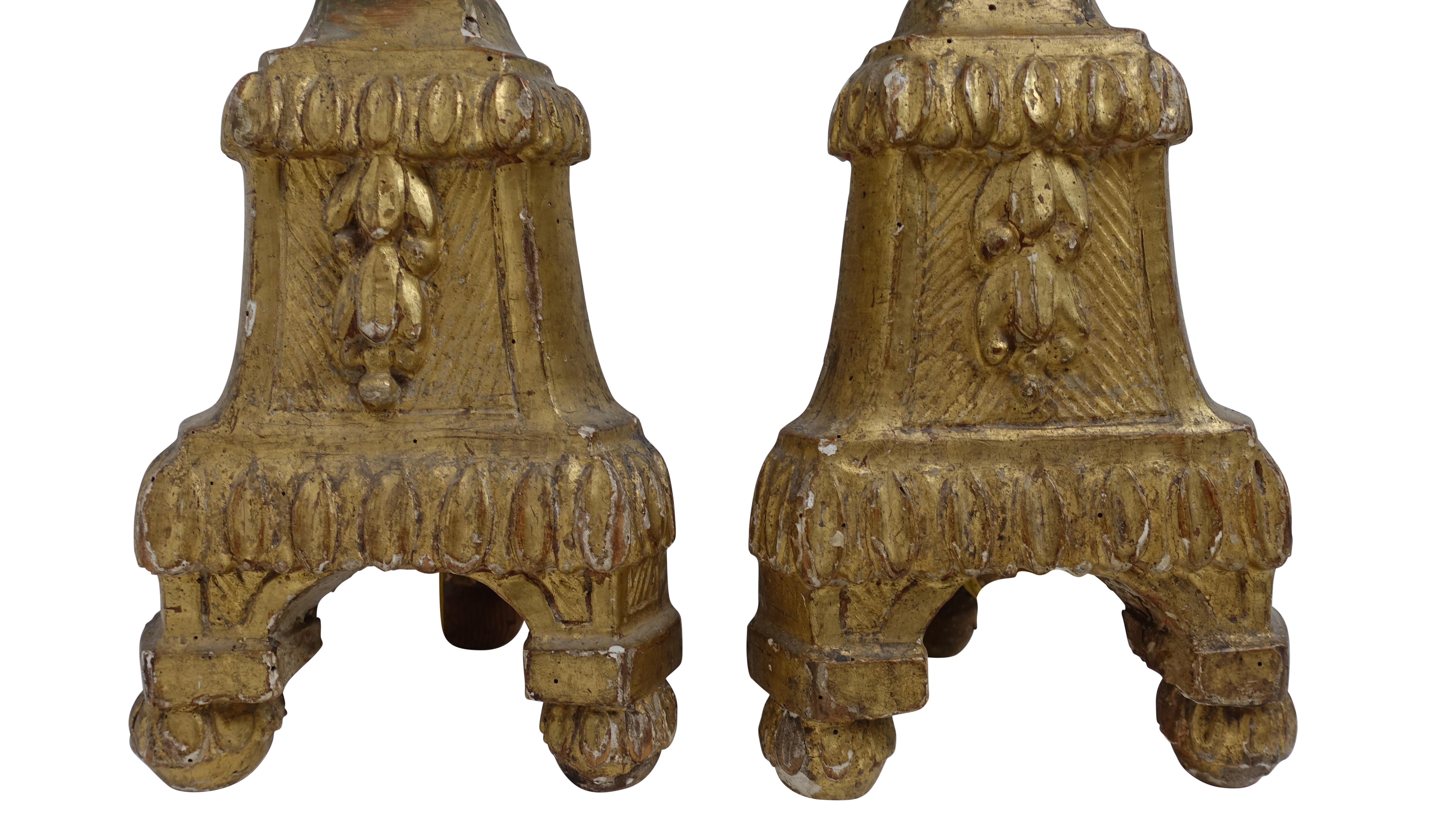 Pair of Giltwood Altar Candlestick Lamps, Italian, 18th Century 4