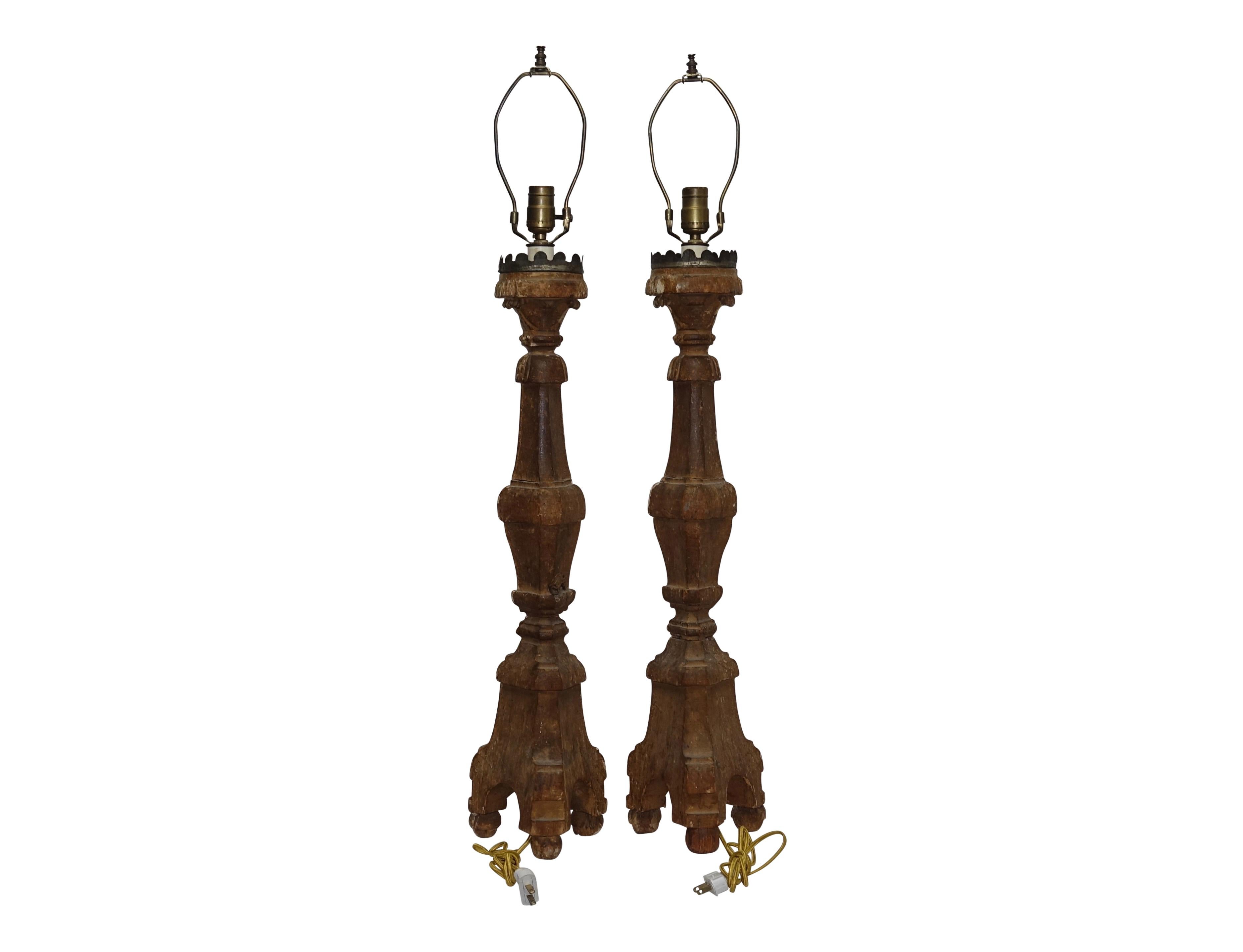 Pair of Giltwood Altar Candlestick Lamps, Italian, 18th Century 5