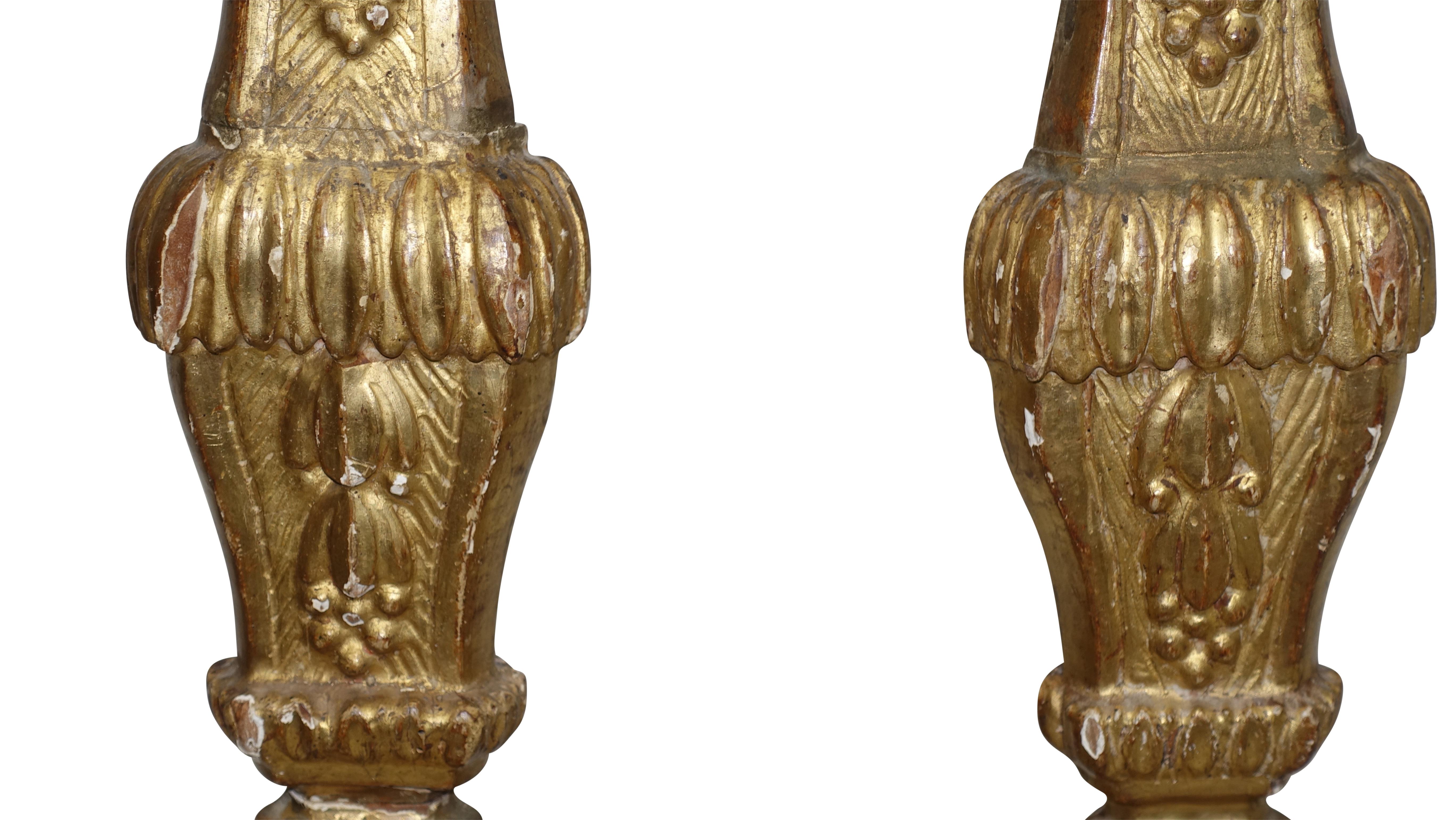 Pair of Giltwood Altar Candlestick Lamps, Italian, 18th Century In Good Condition In San Francisco, CA