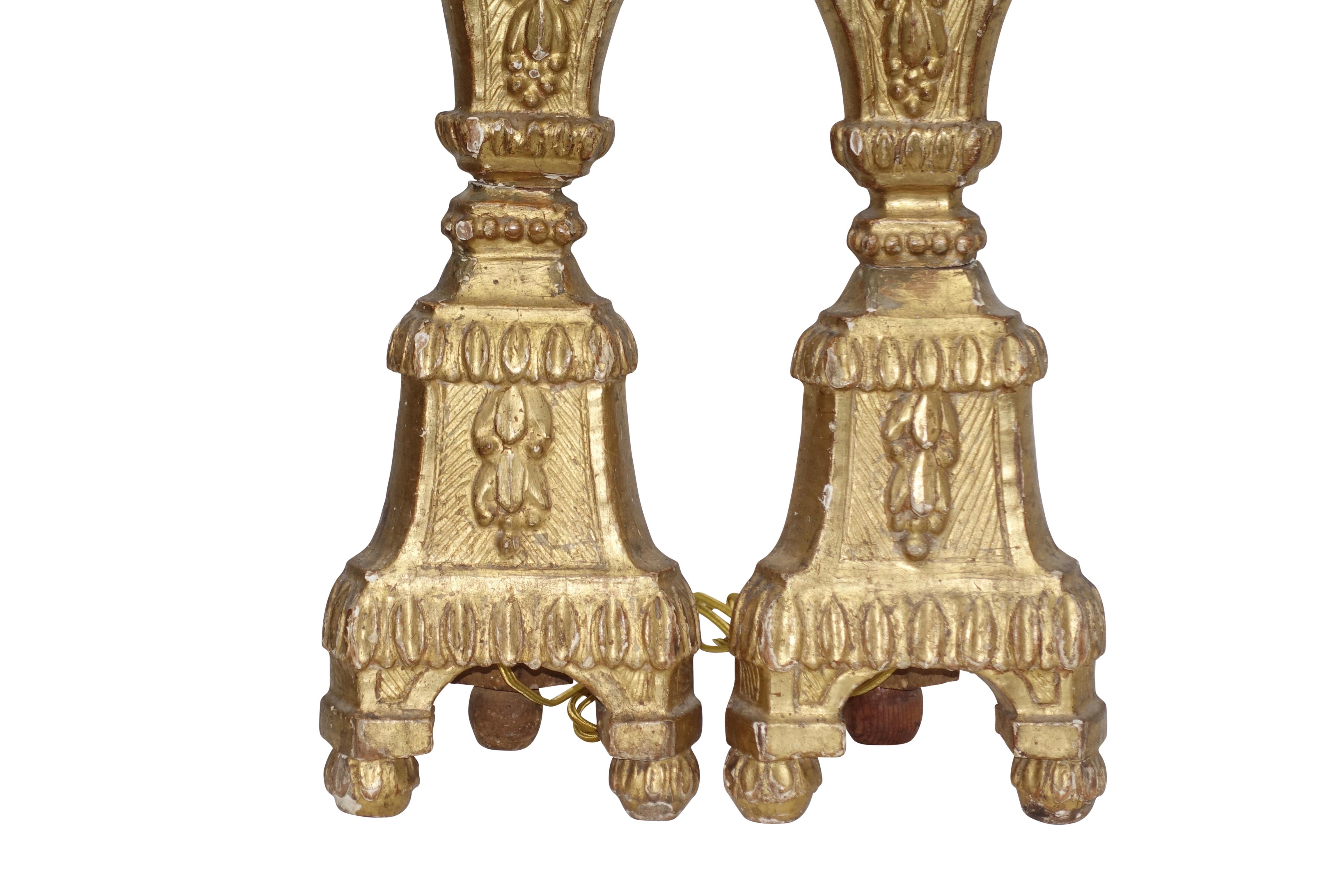 18th Century and Earlier Pair of Giltwood Altar Candlestick Lamps, Italian, 18th Century