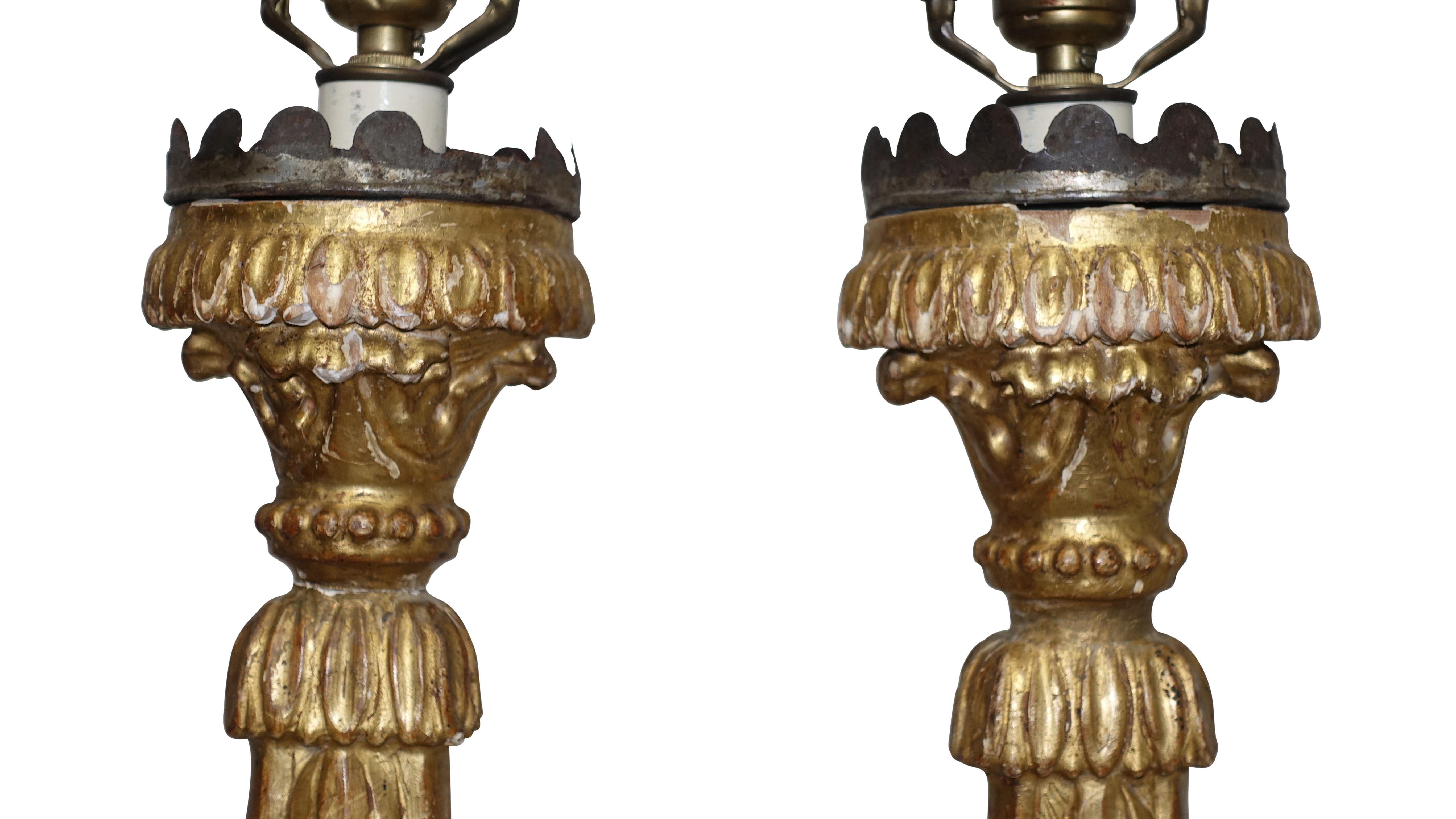 Wood Pair of Giltwood Altar Candlestick Lamps, Italian, 18th Century