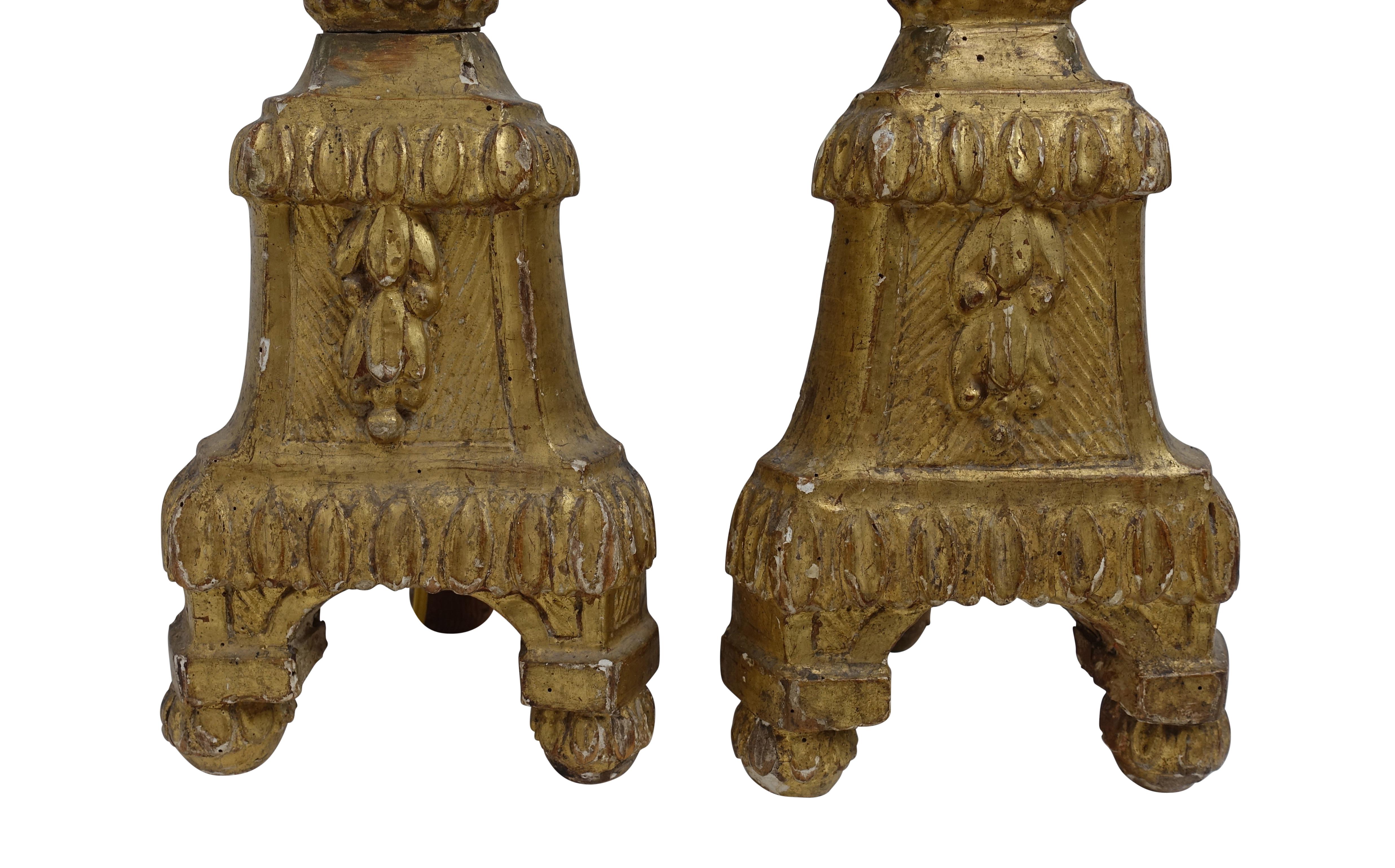 Pair of Giltwood Altar Candlestick Lamps, Italian, 18th Century 1