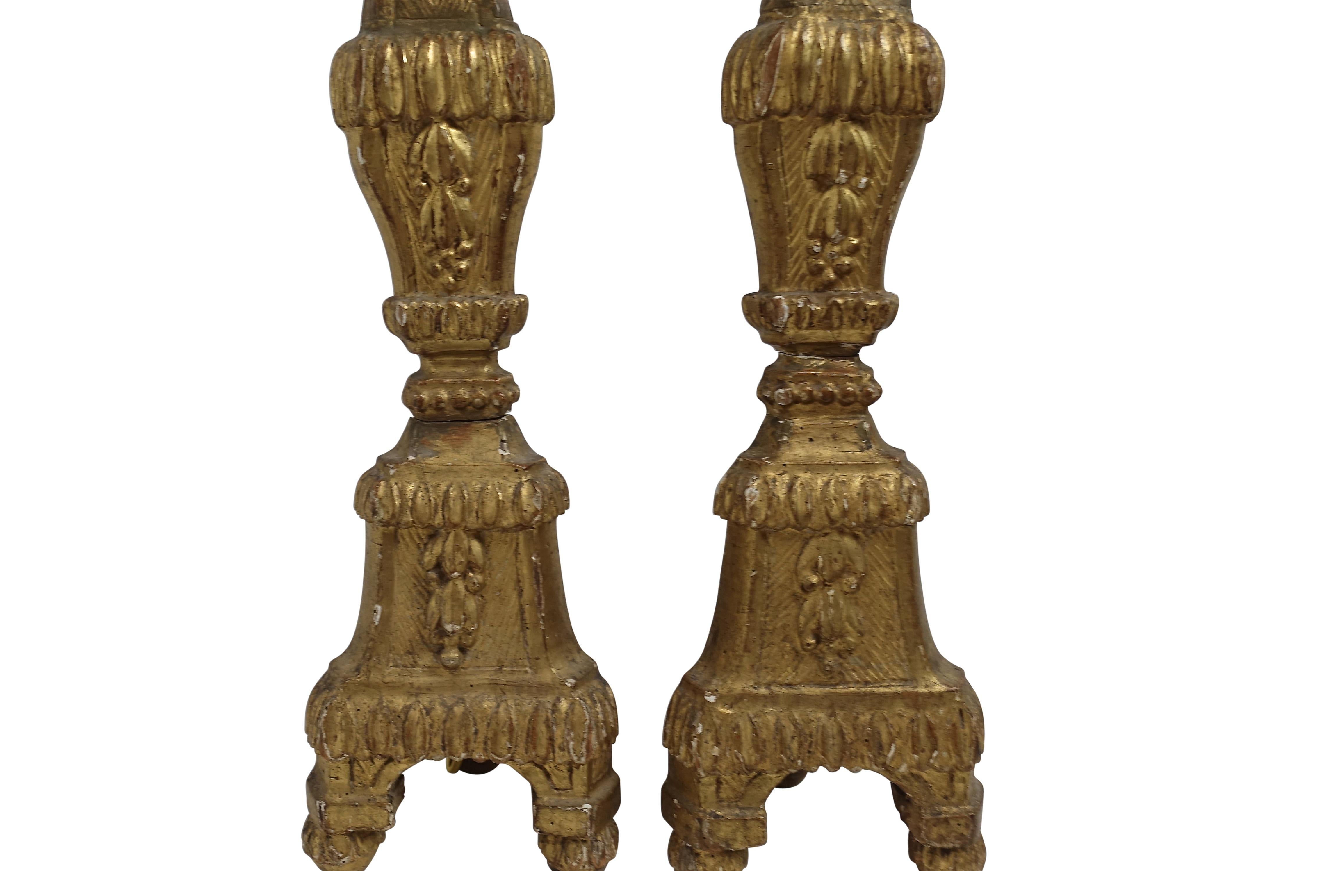 Pair of Giltwood Altar Candlestick Lamps, Italian, 18th Century 2