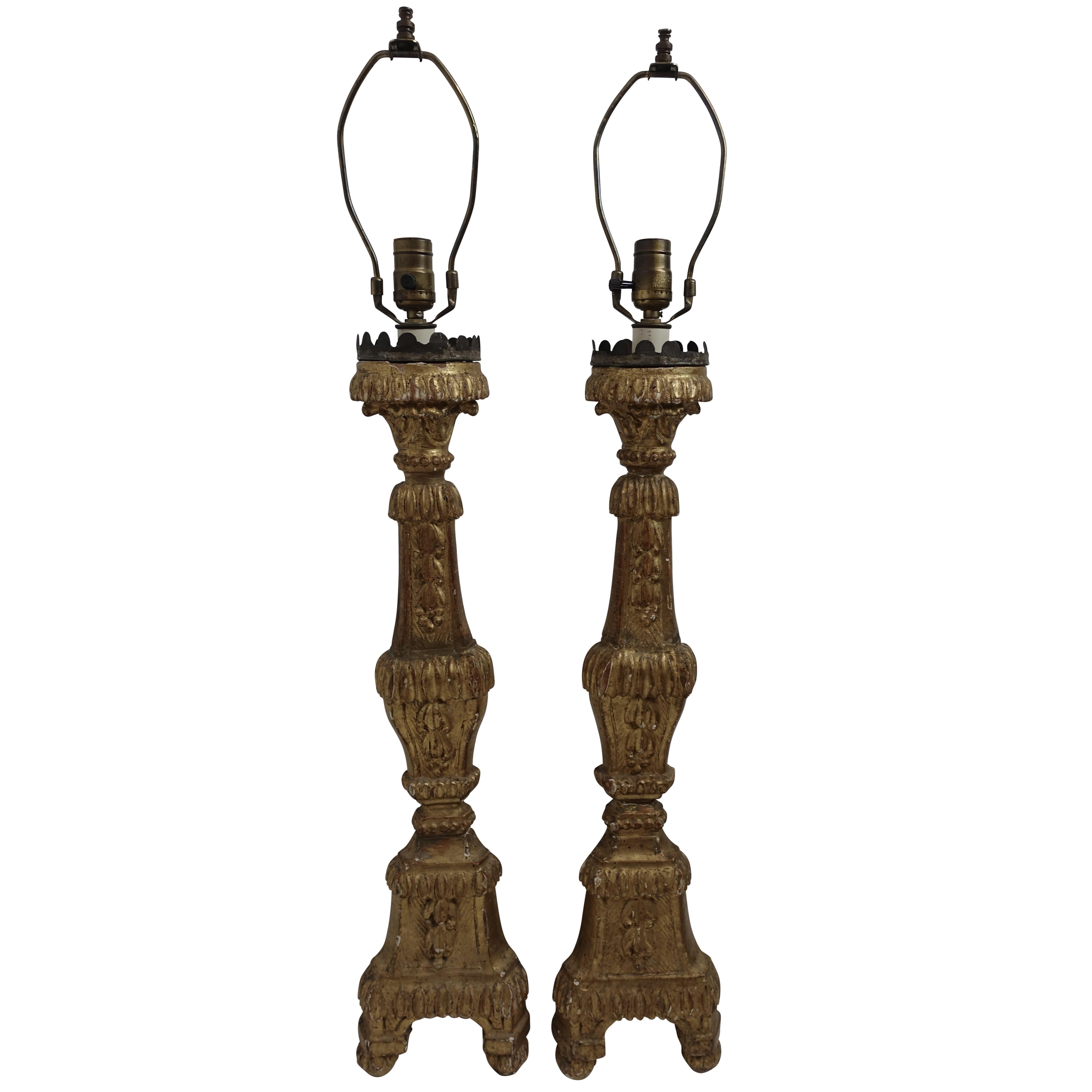 Pair of Giltwood Altar Candlestick Lamps, Italian, 18th Century