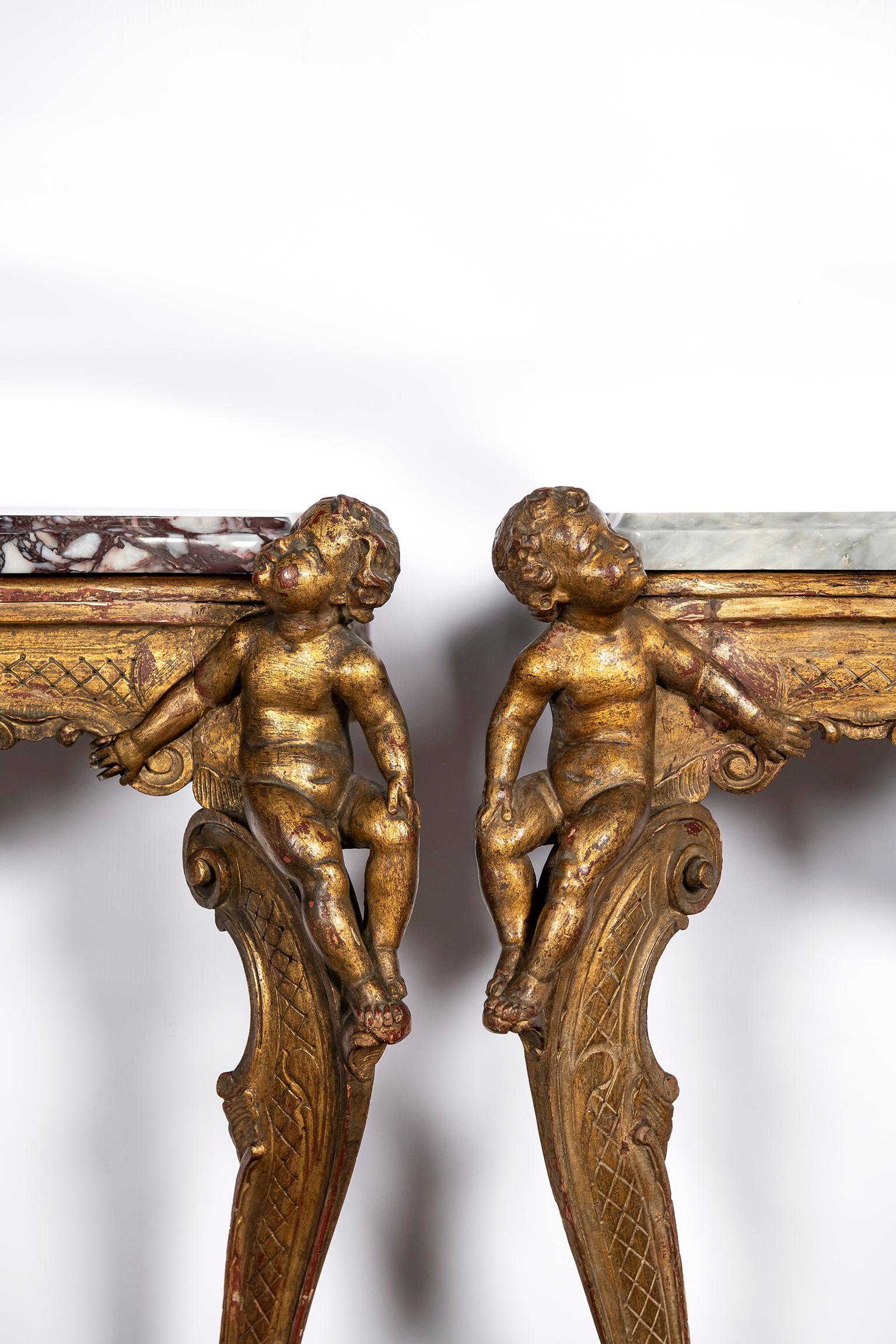Louis XV Pair of Giltwood and Breccia Marble Consoles, Italy, circa Mid-19th Century