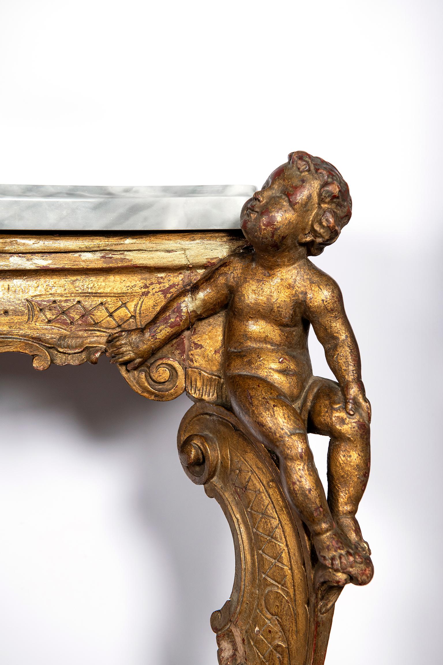 Italian Pair of Giltwood and Breccia Marble Consoles, Italy, circa Mid-19th Century