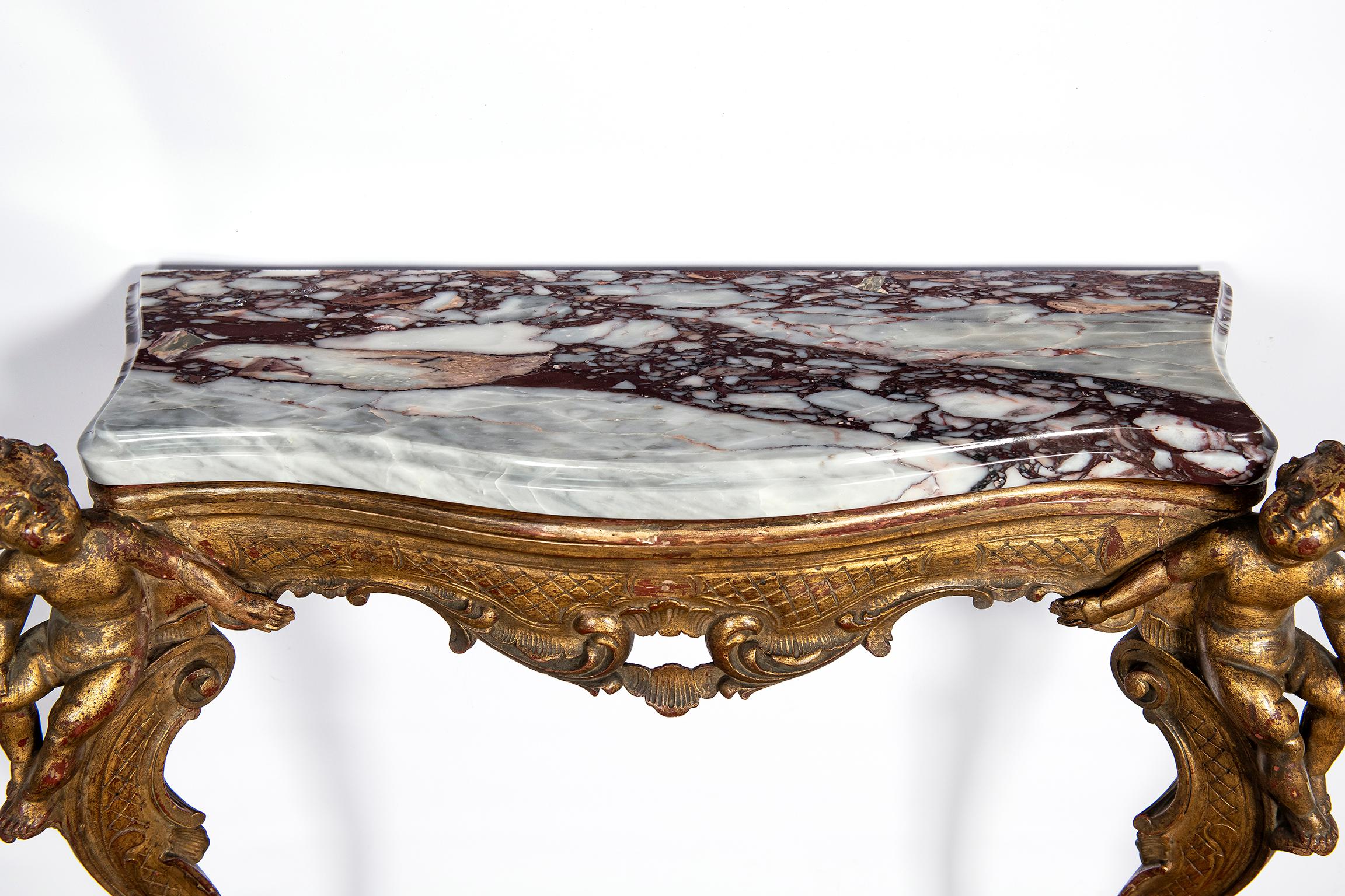 Pair of Giltwood and Breccia Marble Consoles, Italy, circa Mid-19th Century In Good Condition In Buenos Aires, Buenos Aires