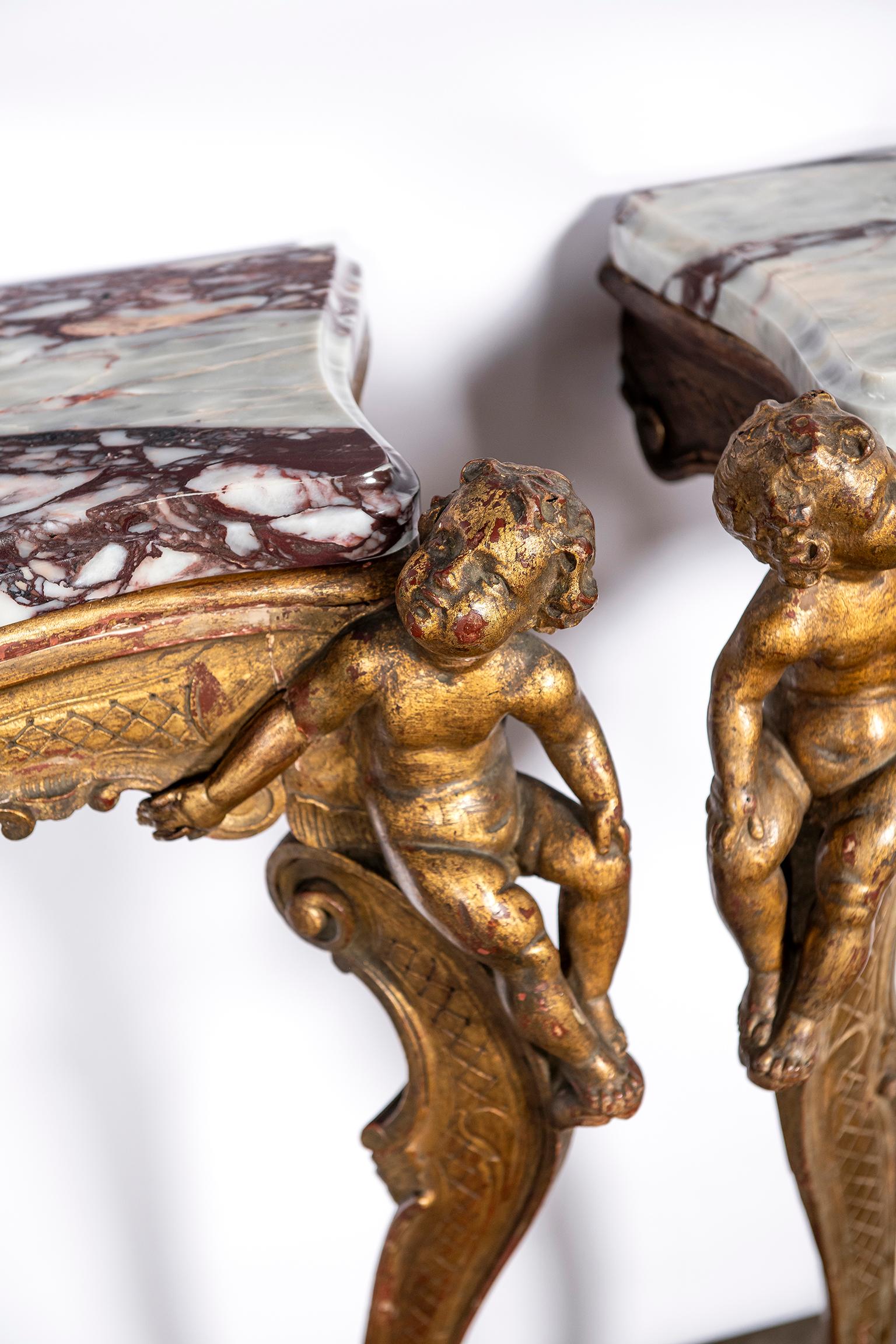 Pair of Giltwood and Breccia Marble Consoles, Italy, circa Mid-19th Century 2