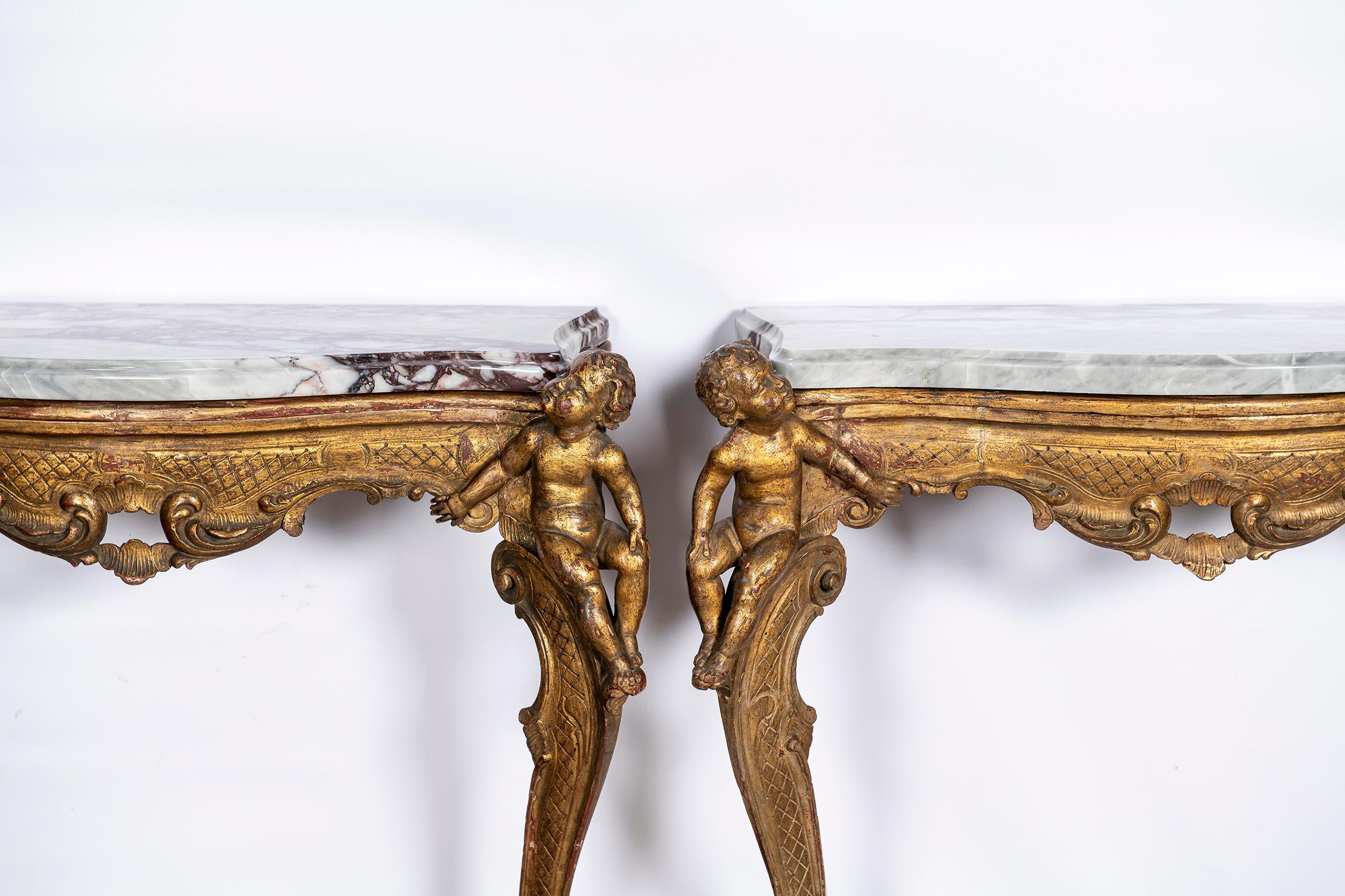 Pair of Giltwood and Breccia Marble Consoles, Italy, circa Mid-19th Century 3