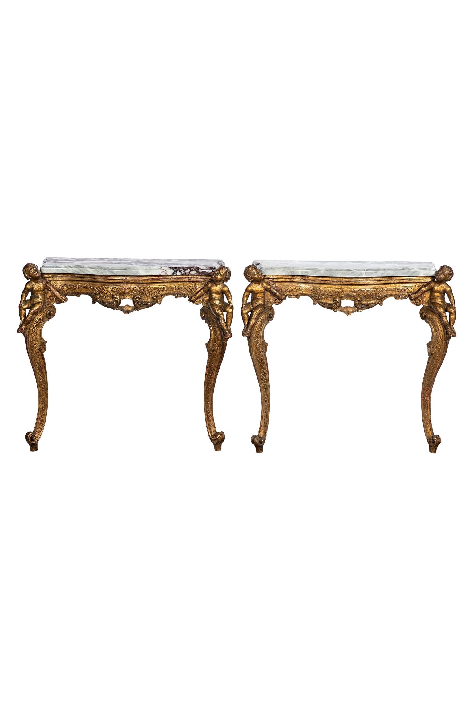 Pair of Giltwood and Breccia Marble Consoles, Italy, circa Mid-19th Century