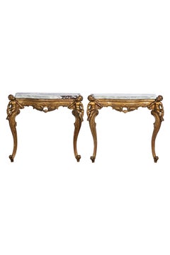 Pair of Giltwood and Breccia Marble Consoles, Italy, circa Mid-19th Century