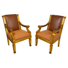 Pair of Giltwood and Leather Italian Neoclassical Armchairs