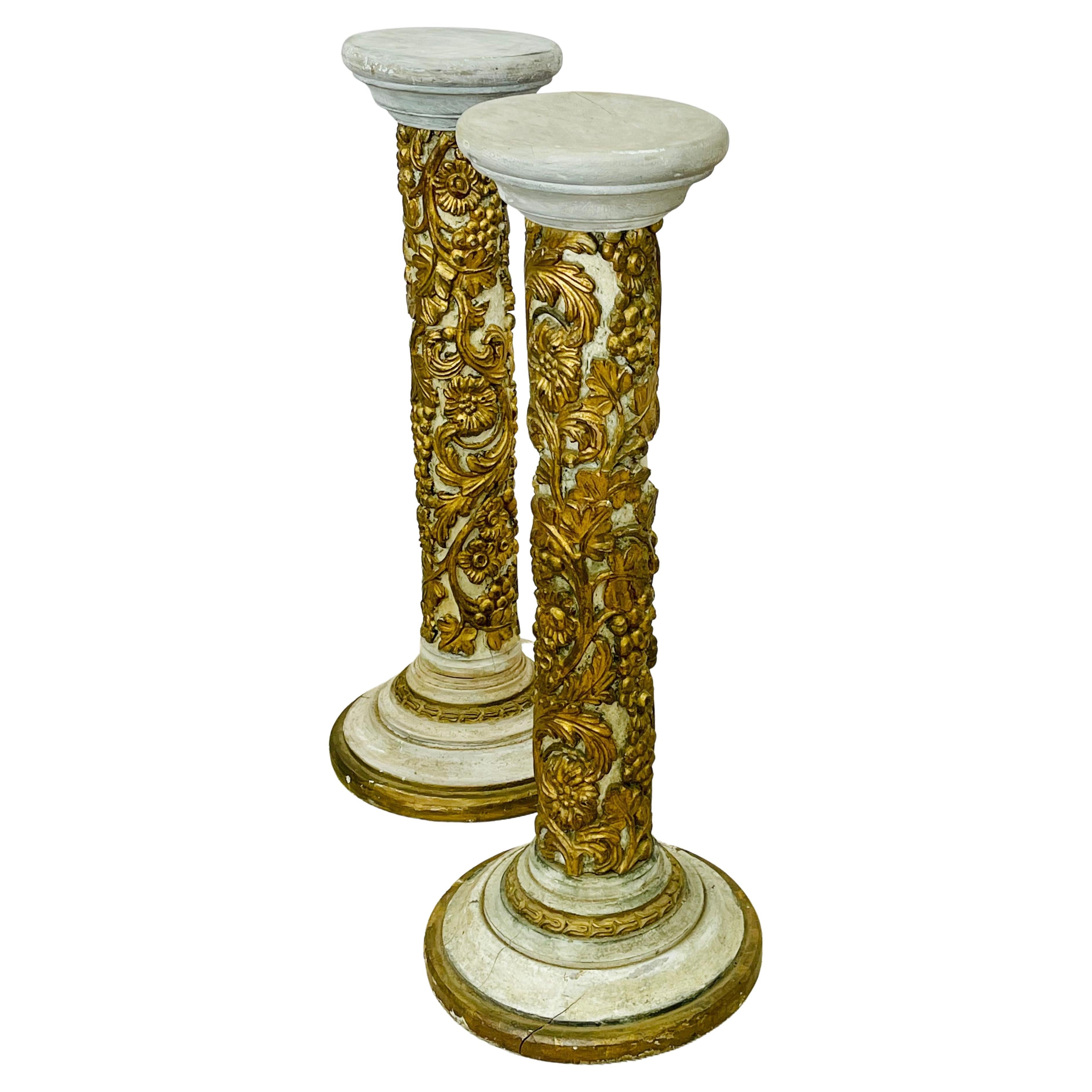 Pair of Giltwood and Paint Decorated Italian Columns, Pedestals, Gustavian Style For Sale