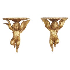 Pair of Giltwood Angels Shelves 19th Century Winged Cherubs Italian Brackets Pair of Giltwood Angels Shelves 19th Century Winged Cherubs Italian Brackets