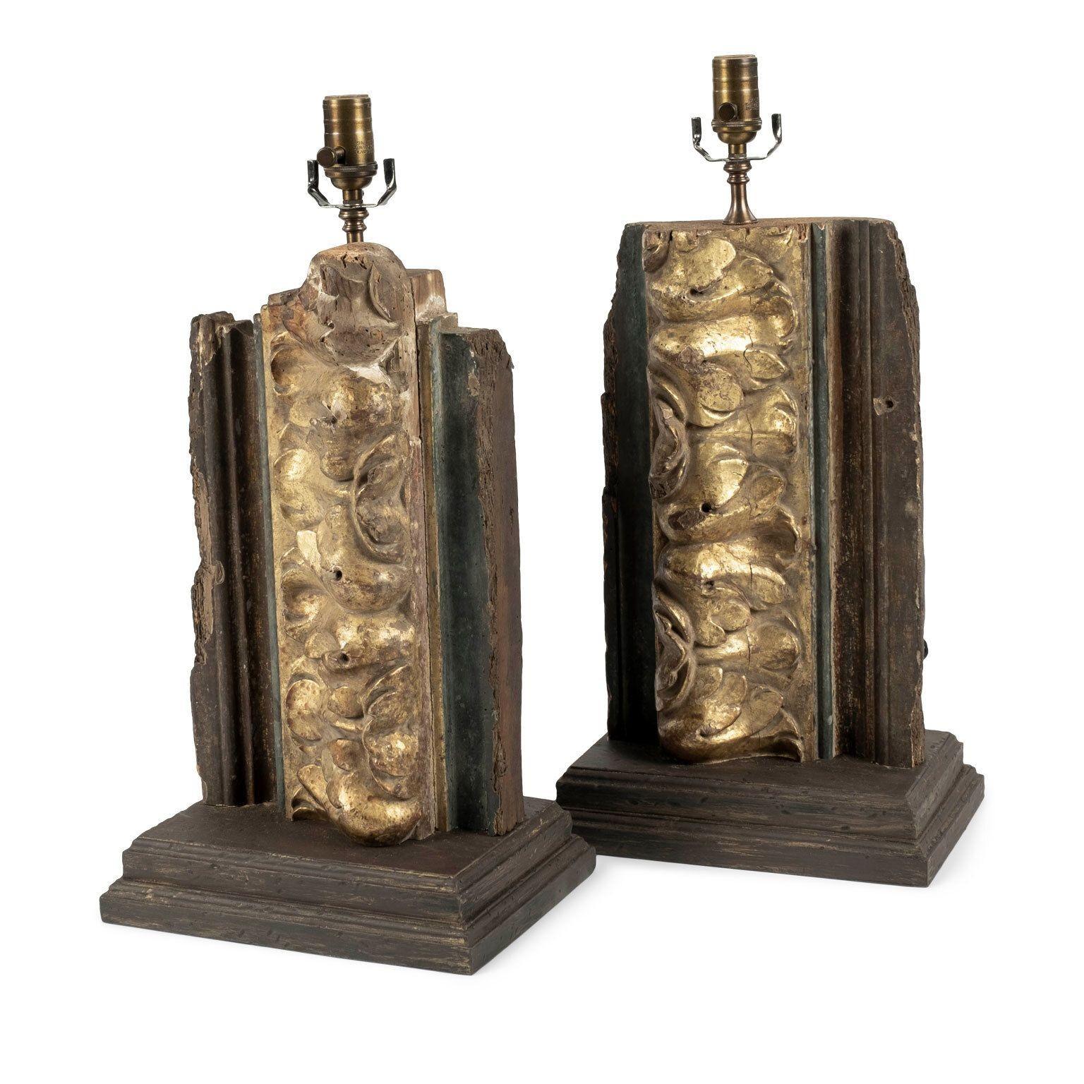 American Pair of Giltwood Architectural Fragment Lamps For Sale
