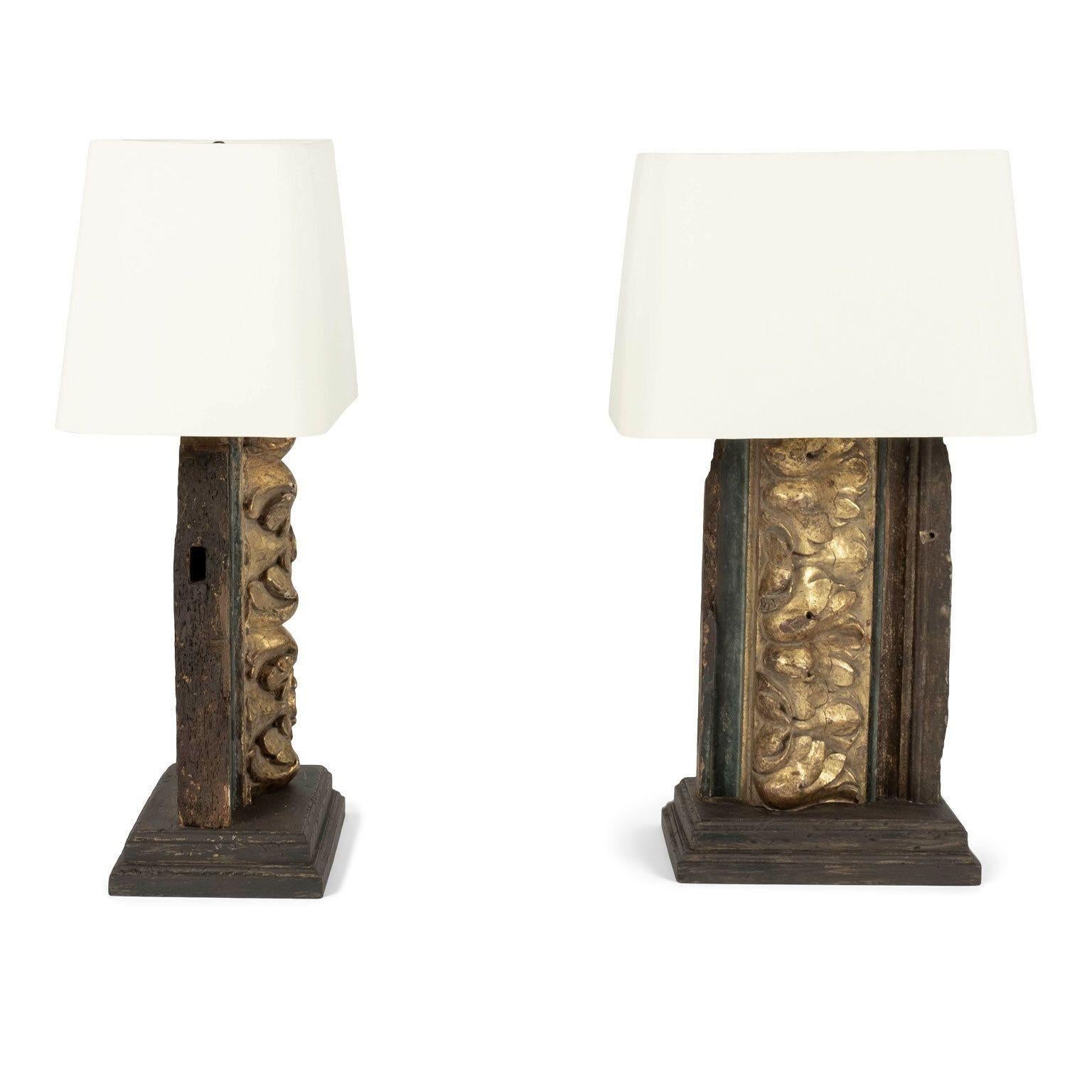Contemporary Pair of Giltwood Architectural Fragment Lamps For Sale