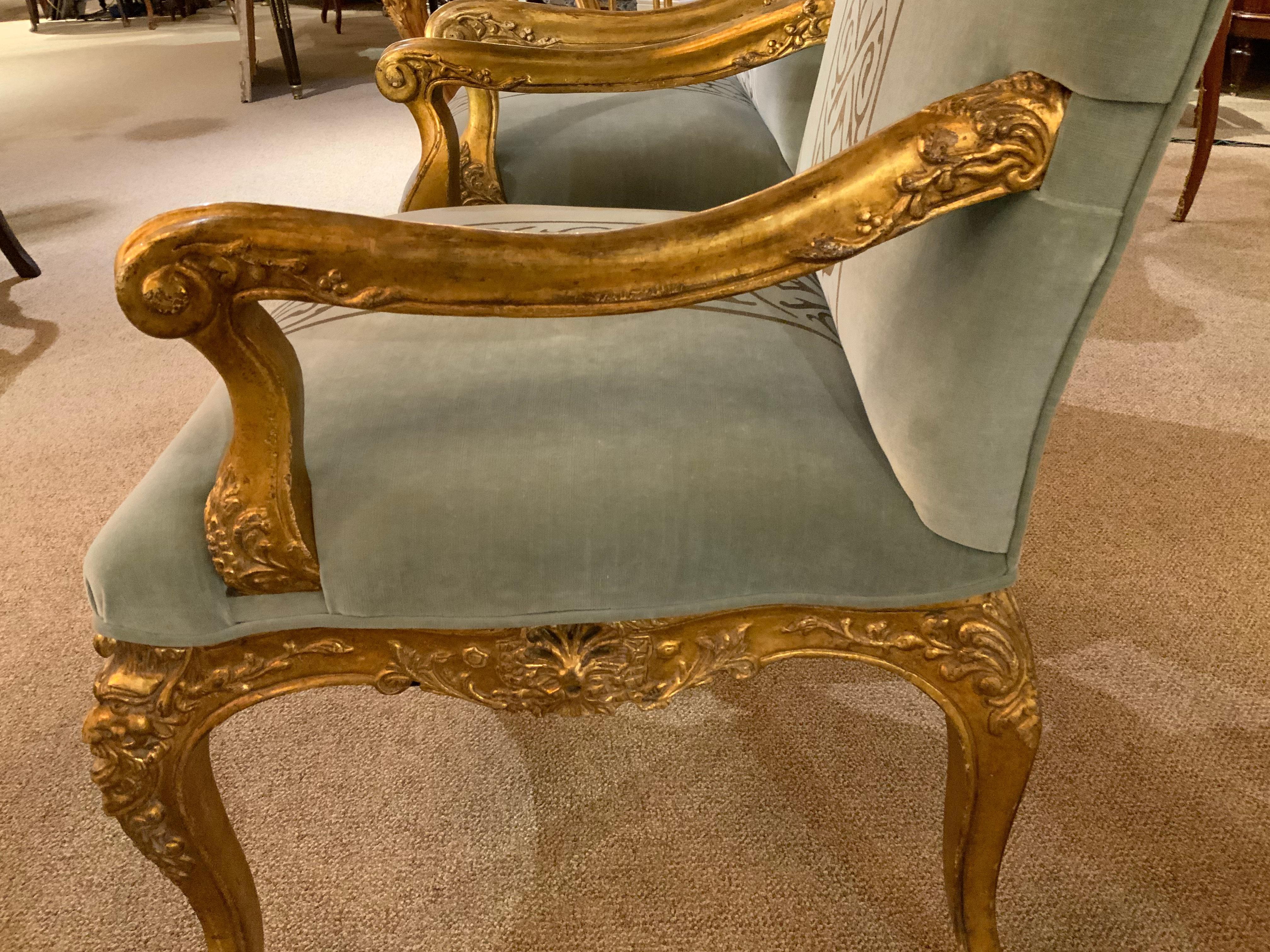 Pair of Giltwood Arm Chairs, Louis XV-Style Upholstered in Pale Aqua Blue /Gold 4