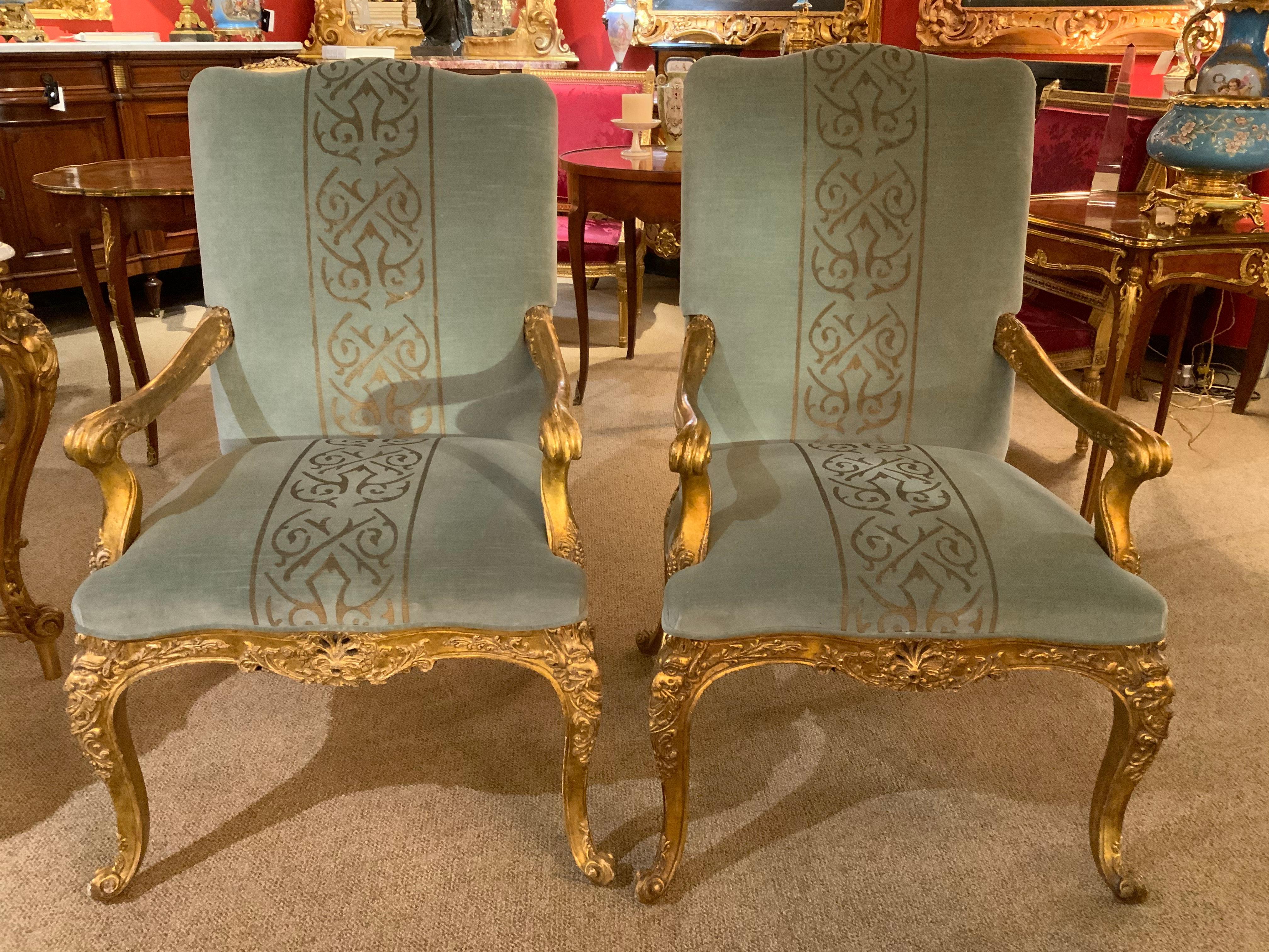 Pair of Giltwood Arm Chairs, Louis XV-Style Upholstered in Pale Aqua Blue /Gold 5