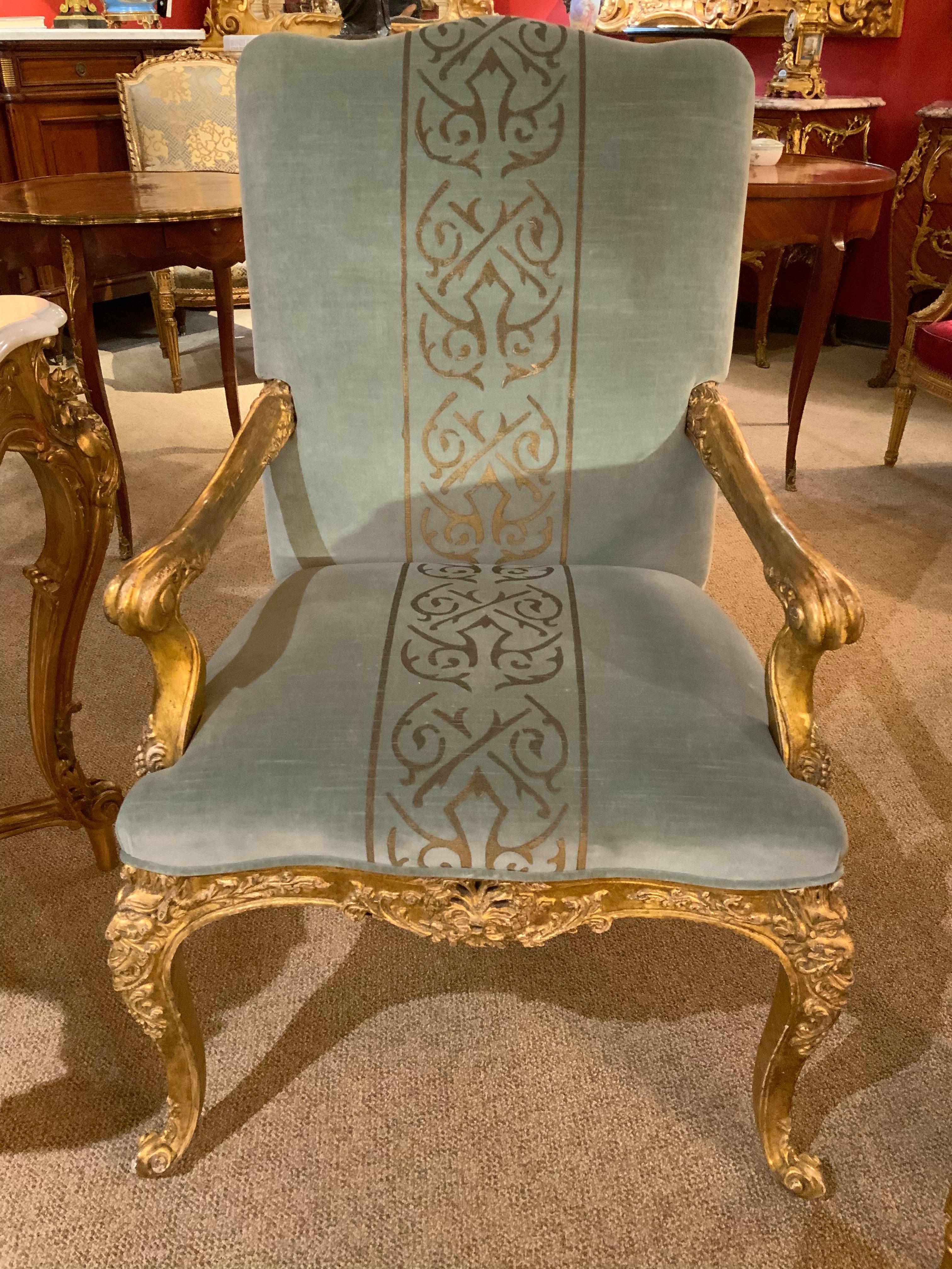 Pair of Giltwood Arm Chairs, Louis XV-Style Upholstered in Pale Aqua Blue /Gold 6