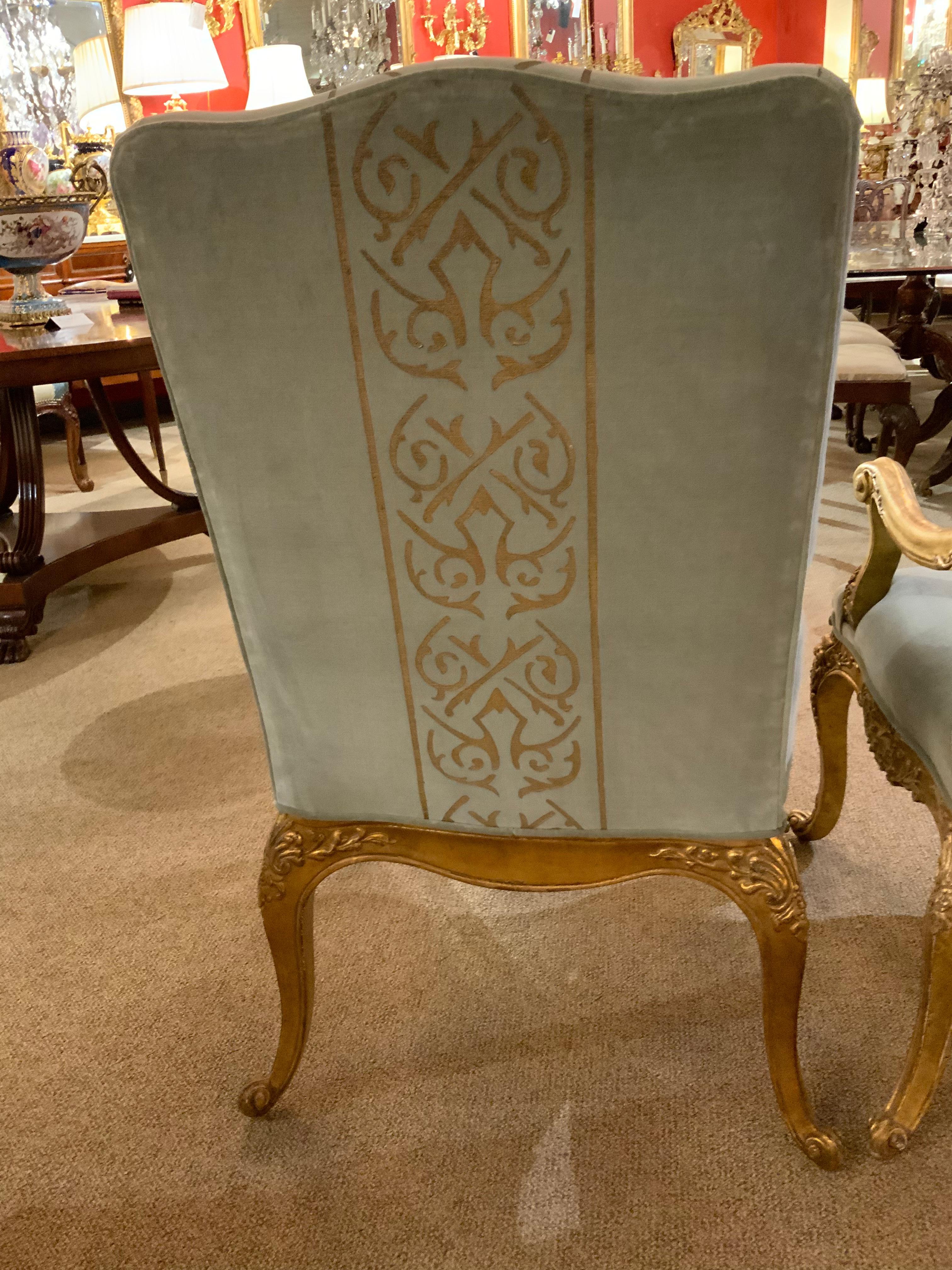 Pair of Giltwood Arm Chairs, Louis XV-Style Upholstered in Pale Aqua Blue /Gold 7