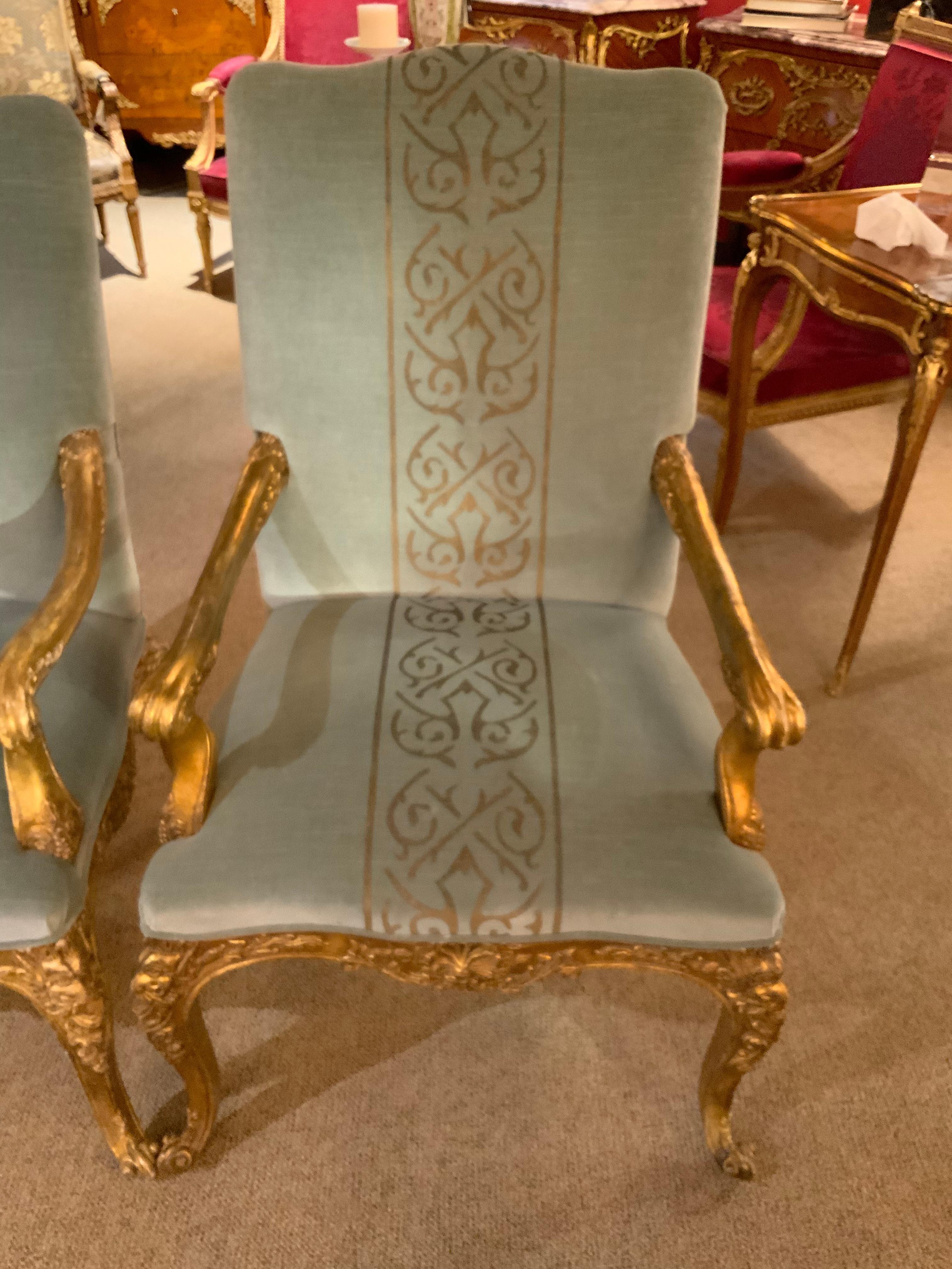 French Pair of Giltwood Arm Chairs, Louis XV-Style Upholstered in Pale Aqua Blue /Gold
