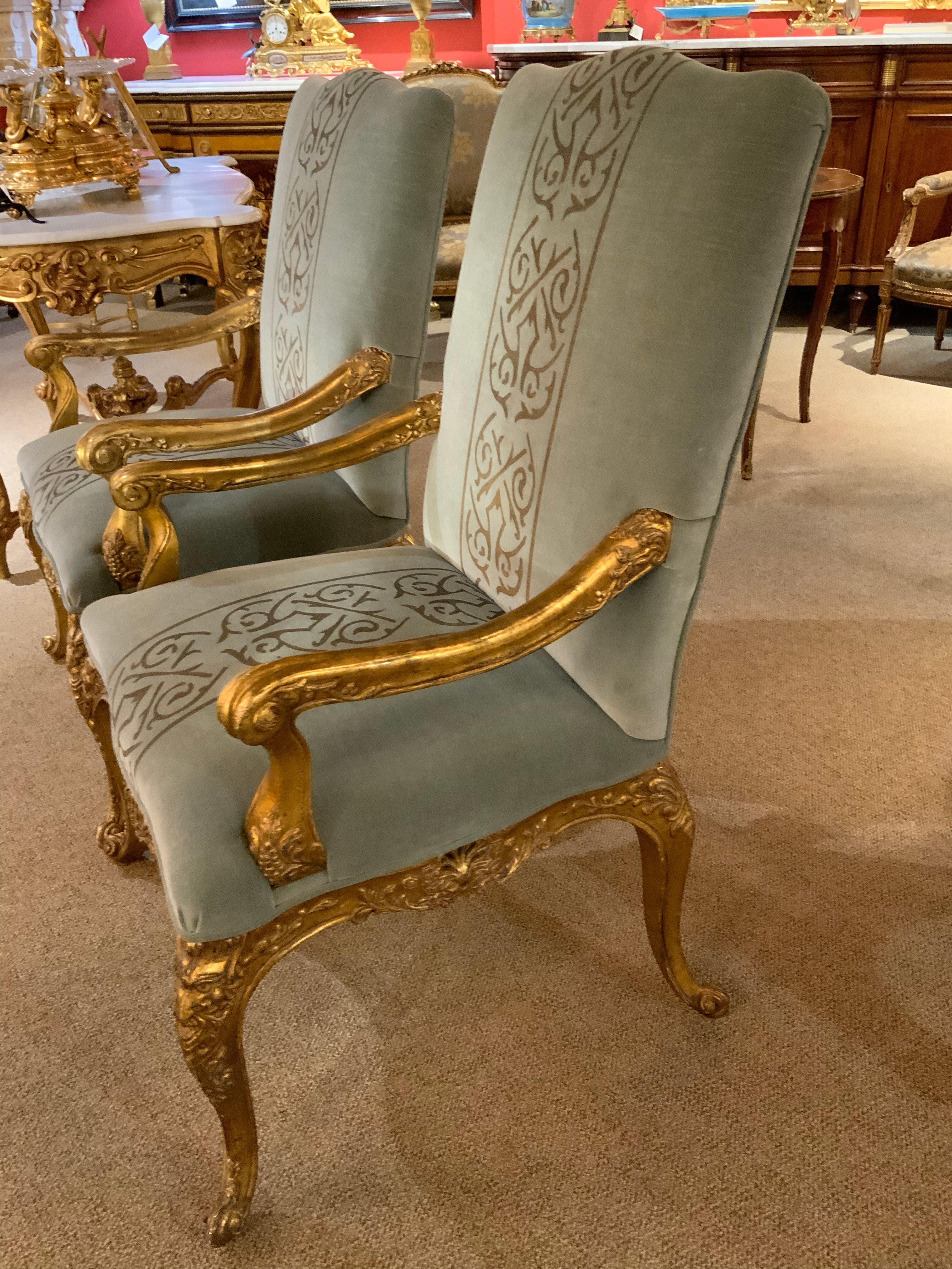 Pair of Giltwood Arm Chairs, Louis XV-Style Upholstered in Pale Aqua Blue /Gold In Good Condition In Houston, TX