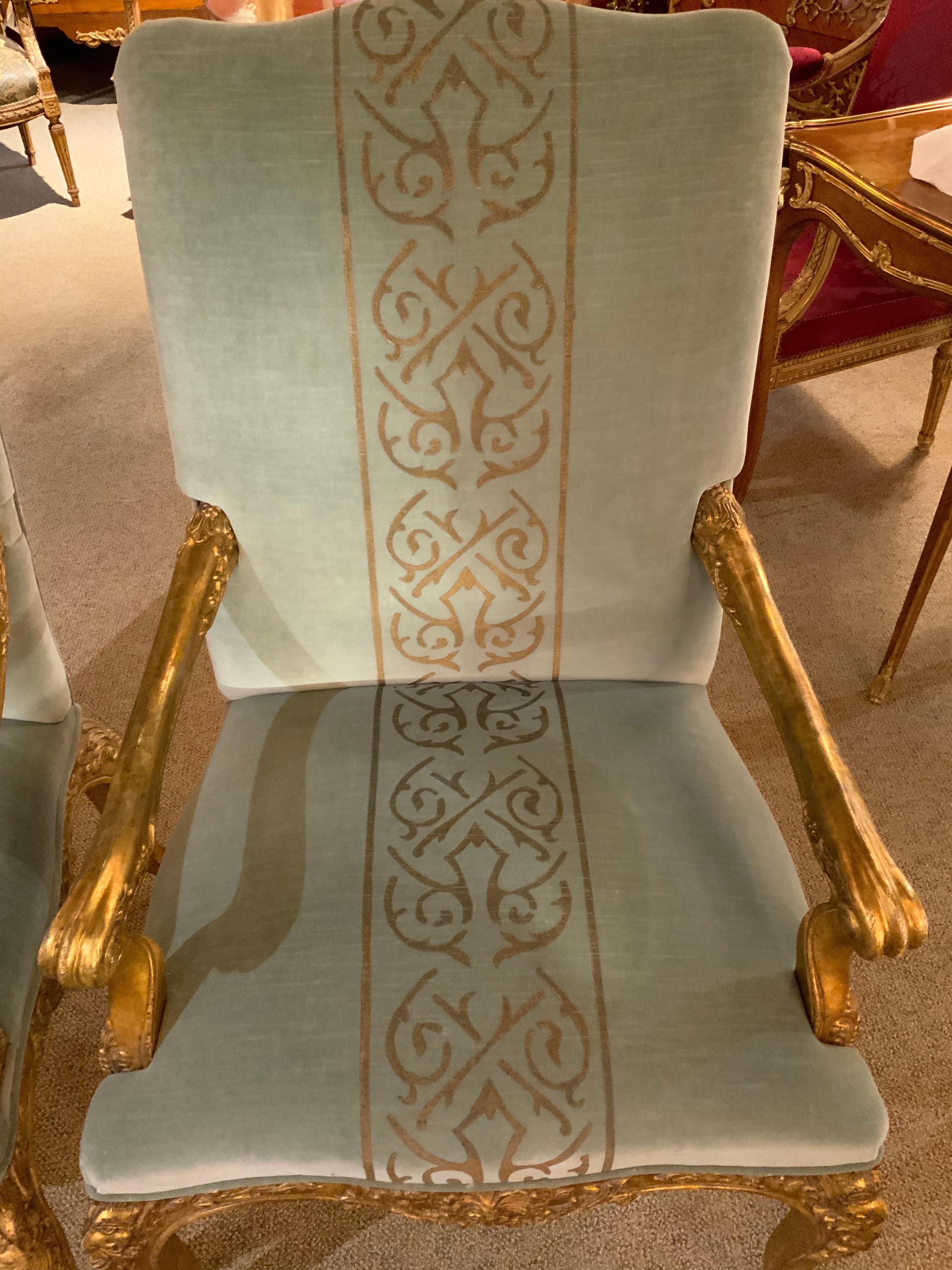 20th Century Pair of Giltwood Arm Chairs, Louis XV-Style Upholstered in Pale Aqua Blue /Gold