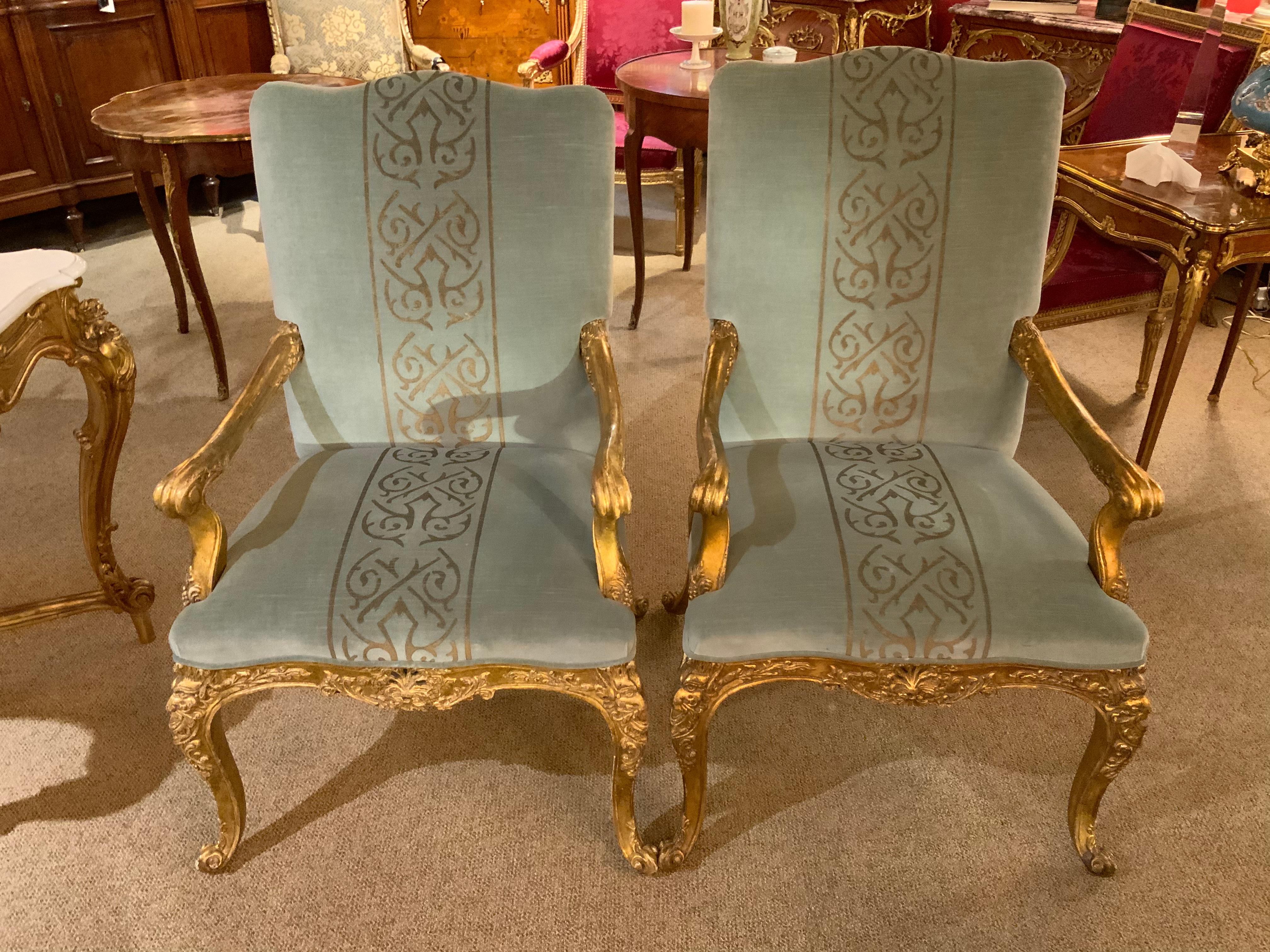 Pair of Giltwood Arm Chairs, Louis XV-Style Upholstered in Pale Aqua Blue /Gold 1