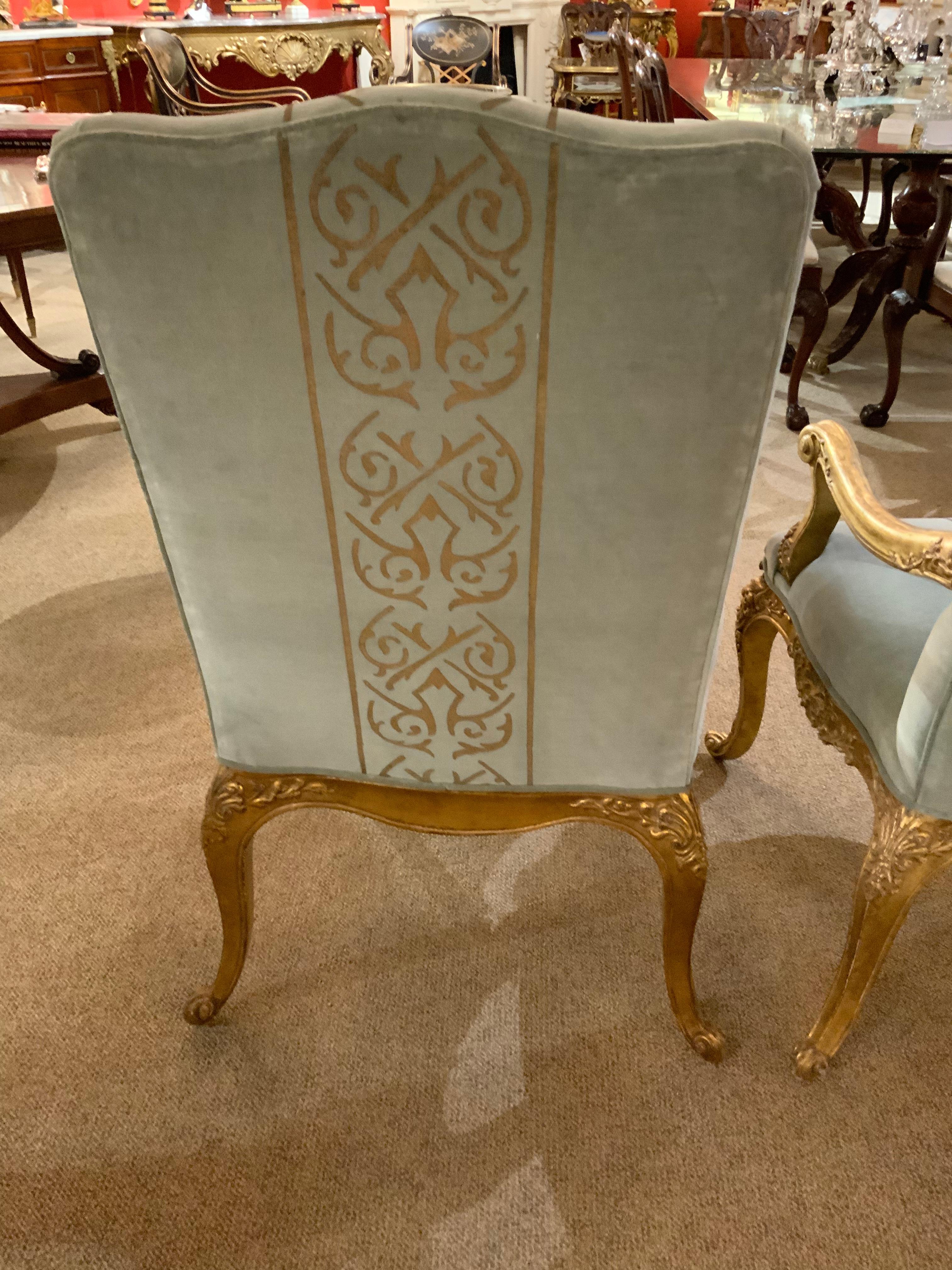 Pair of Giltwood Arm Chairs, Louis XV-Style Upholstered in Pale Aqua Blue /Gold 2