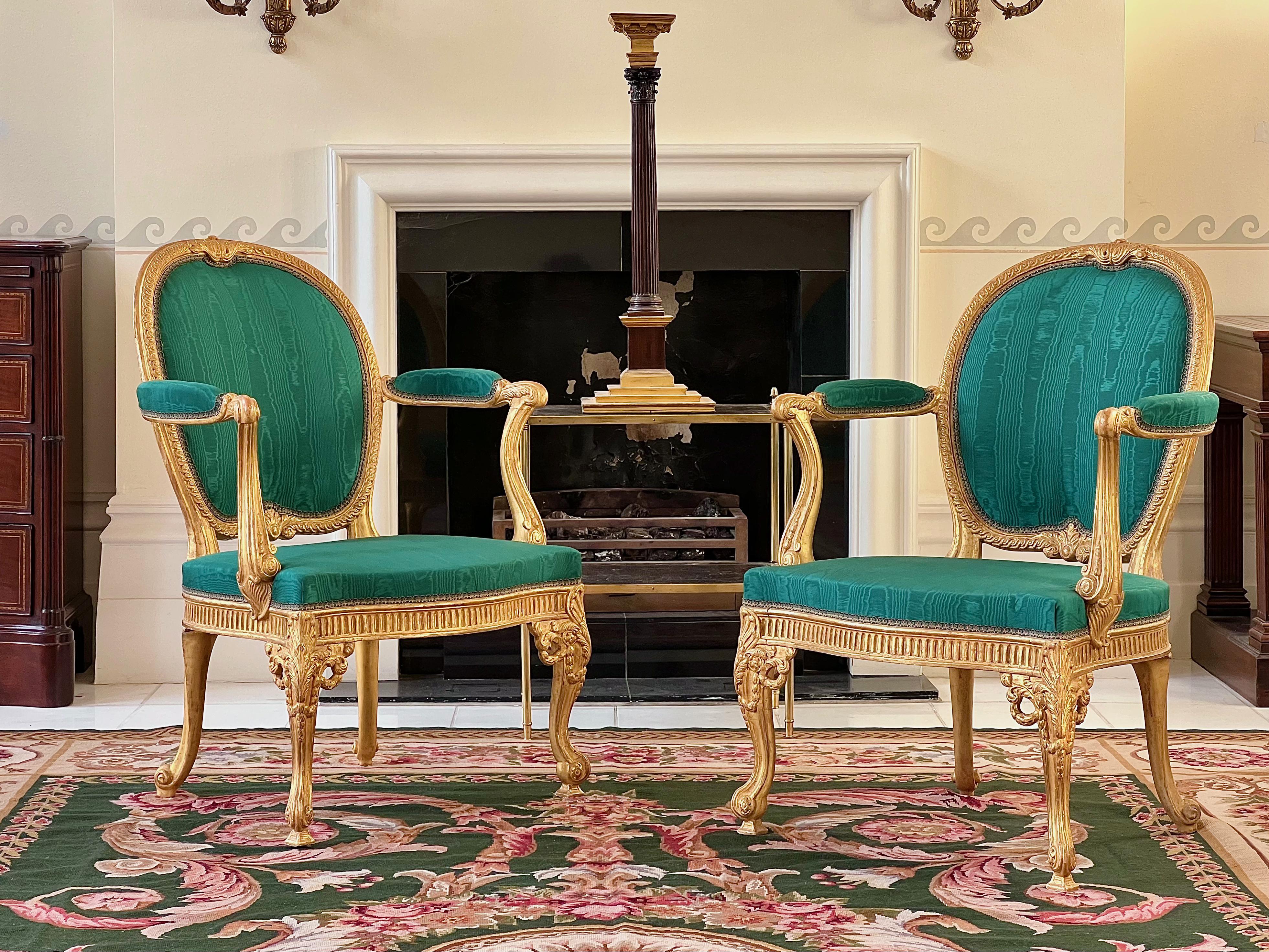 ***PLEASE NOTE THAT THE LIST PRICE IS FOR THE PAIR***

An exceptional pair of George III style giltwood armchairs, 19th century copies of one of Thomas Chippendale's most beautiful models.
English, c. 1890.

Design
The present armchairs belong to a