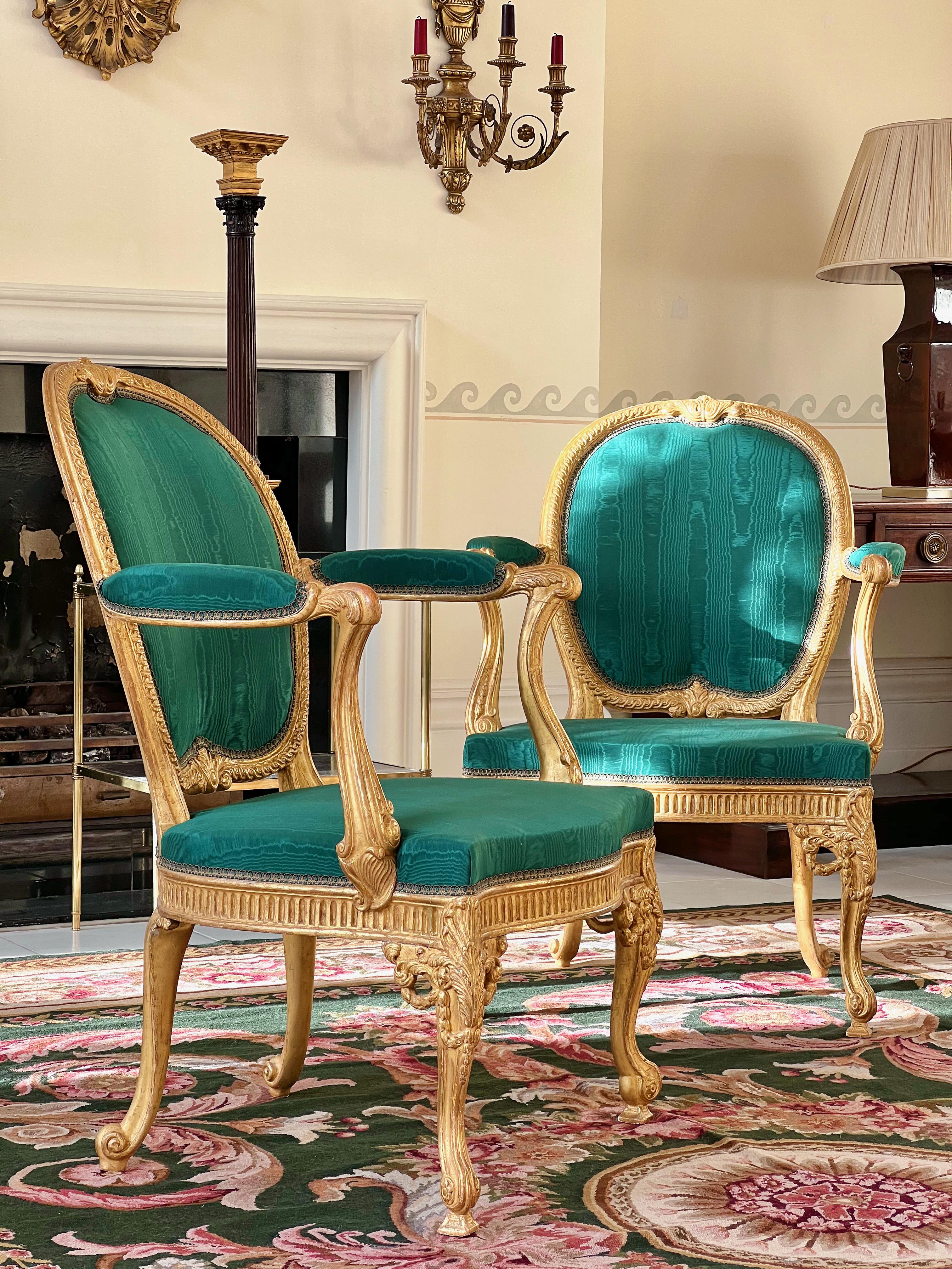 Hand-Carved Pair of Giltwood Armchairs after Thomas Chippendale