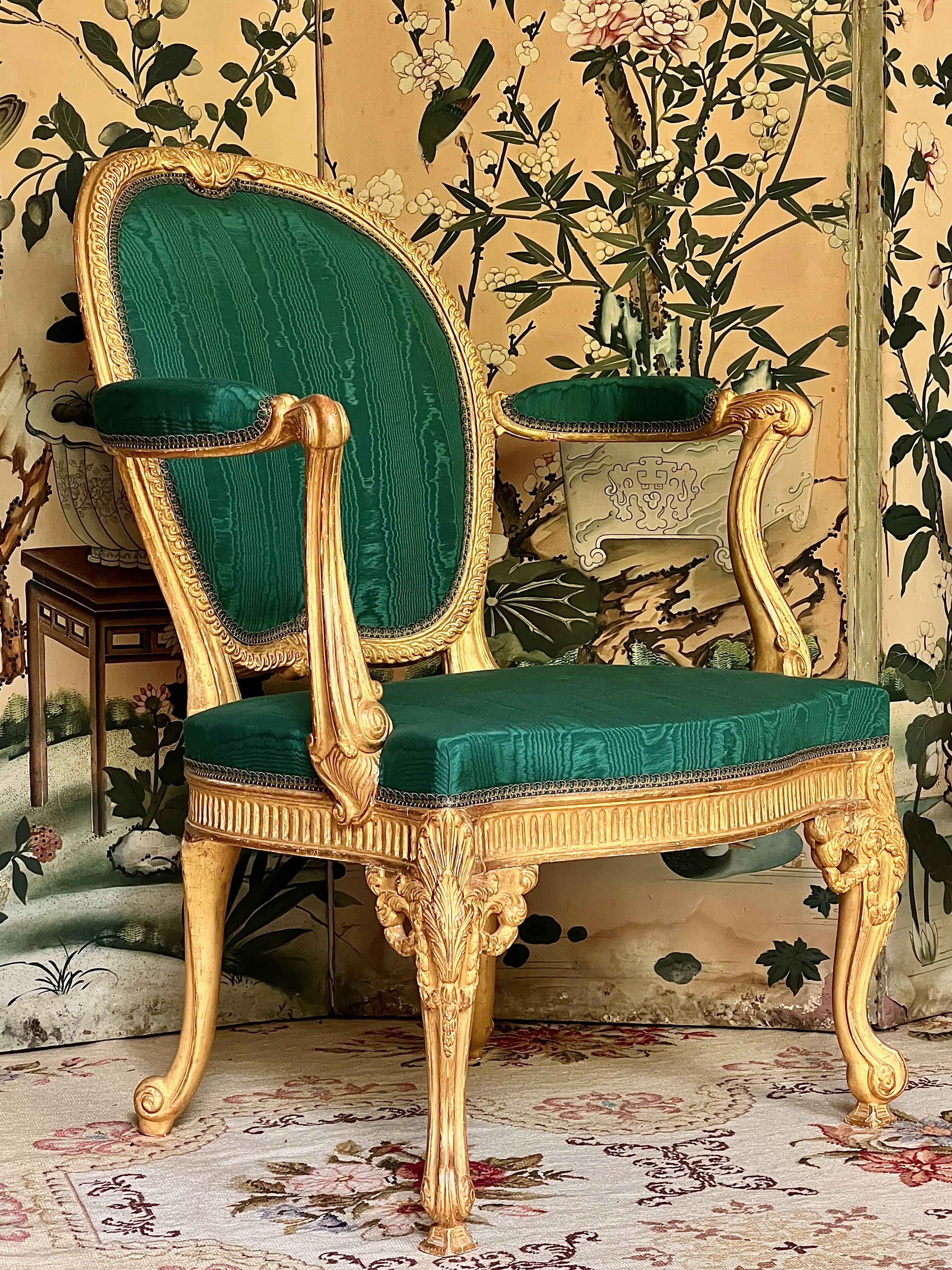 British Pair of Giltwood Armchairs after Thomas Chippendale