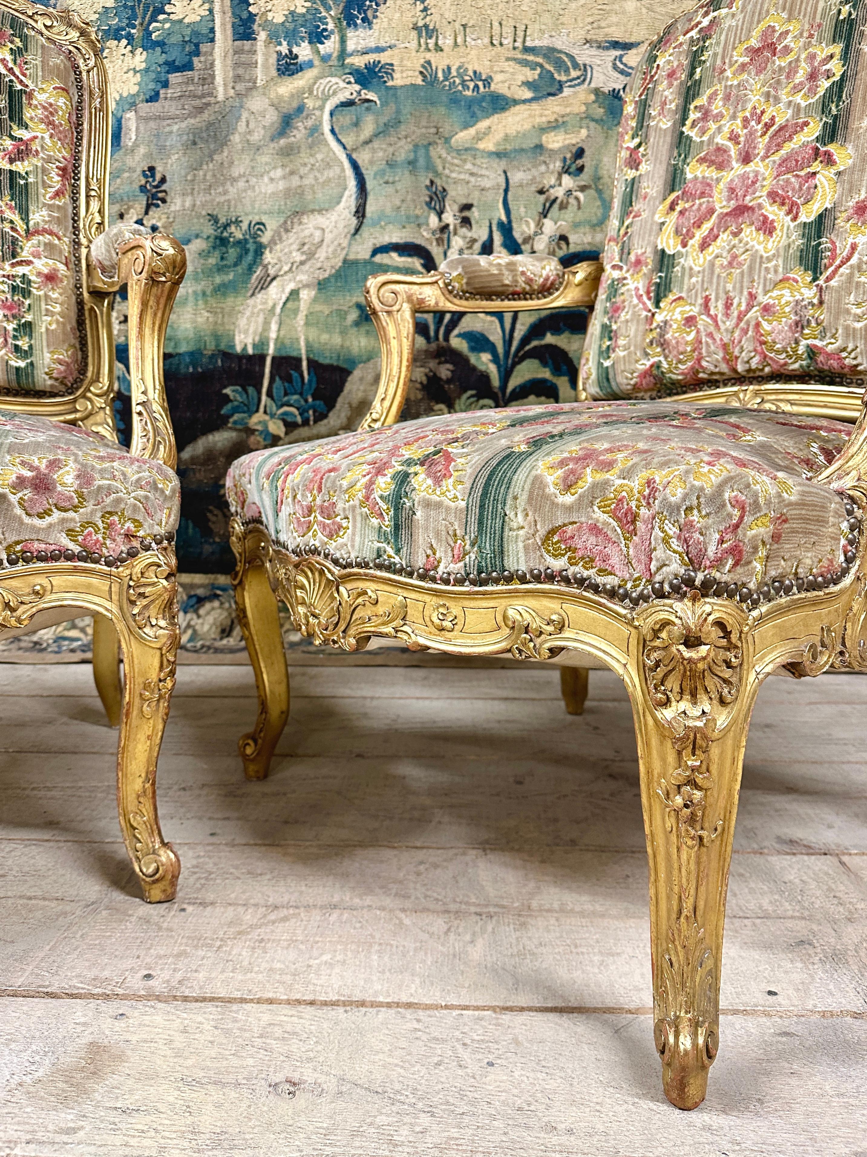 19th Century Pair of Giltwood Armchairs Louis XV Style After a Model by Tilliard