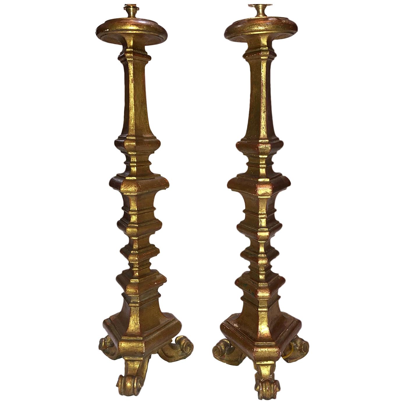 Pair of Giltwood Candlestick Lamps For Sale
