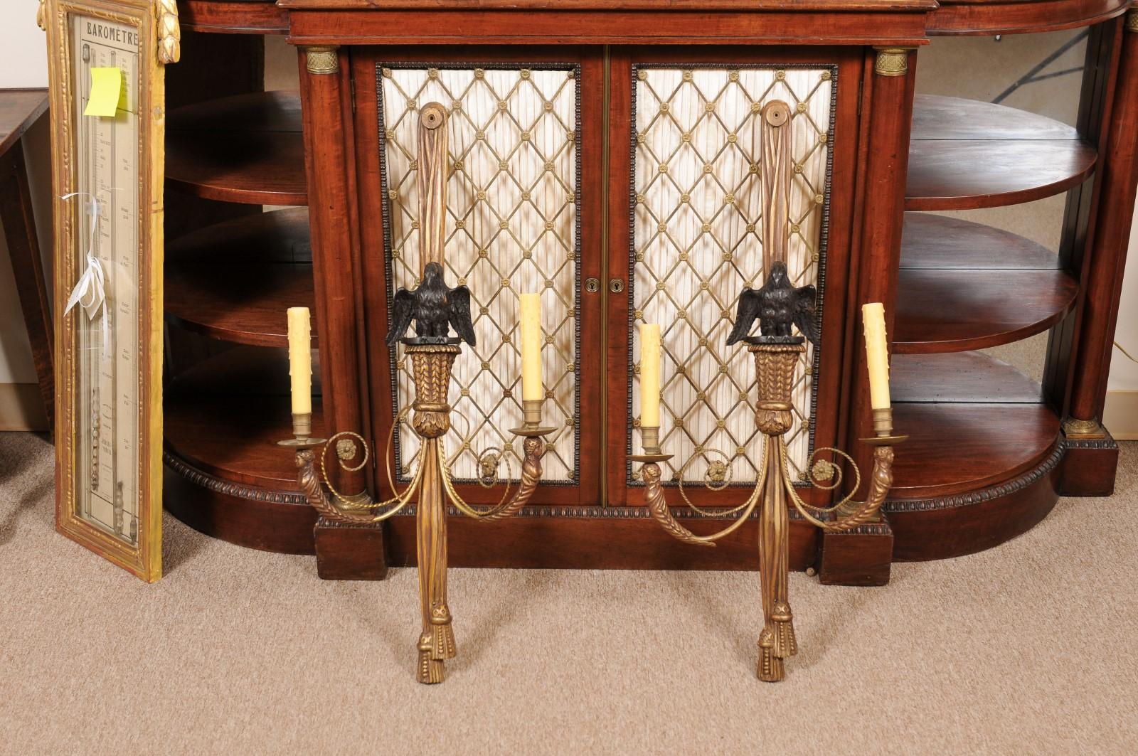  Pair of Giltwood Carved Eagle 2 Light Sconces with Tassle Detail, 20th Century In Good Condition For Sale In Atlanta, GA