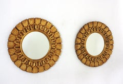 Pair of Giltwood Carved Round Sunburst Mirror, Spain 1950s