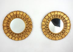Pair of Giltwood Carved Round Sunburst Mirror, Spain 1950s