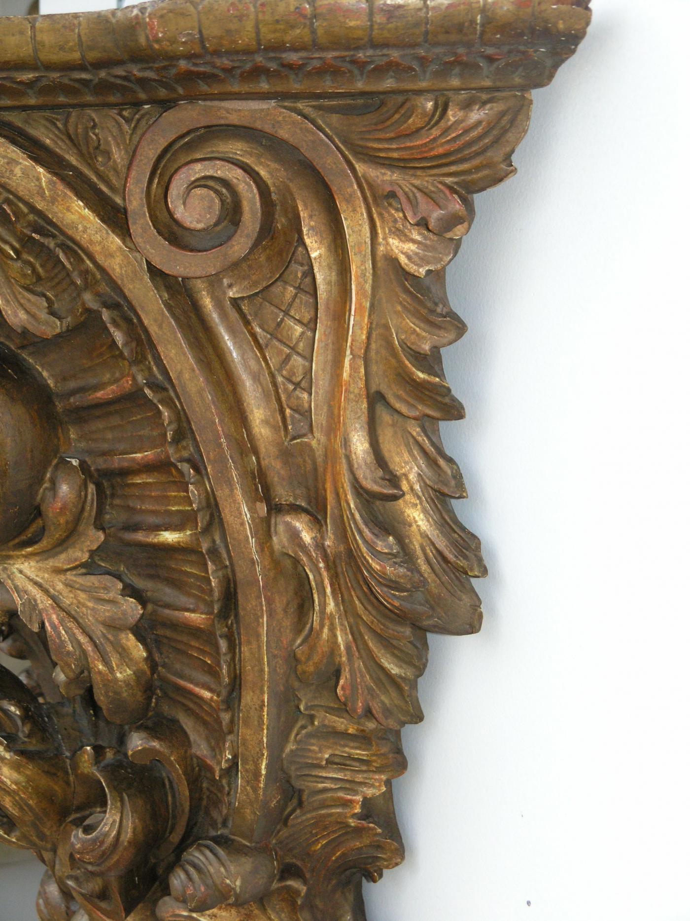 Carved Pair of Giltwood Consoles, Wall Brackets For Sale