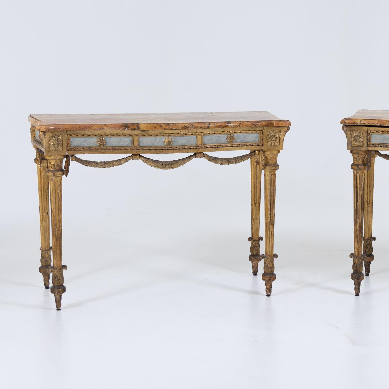 Pair of giltwood consoles with marble tops, 19th Century For Sale 3