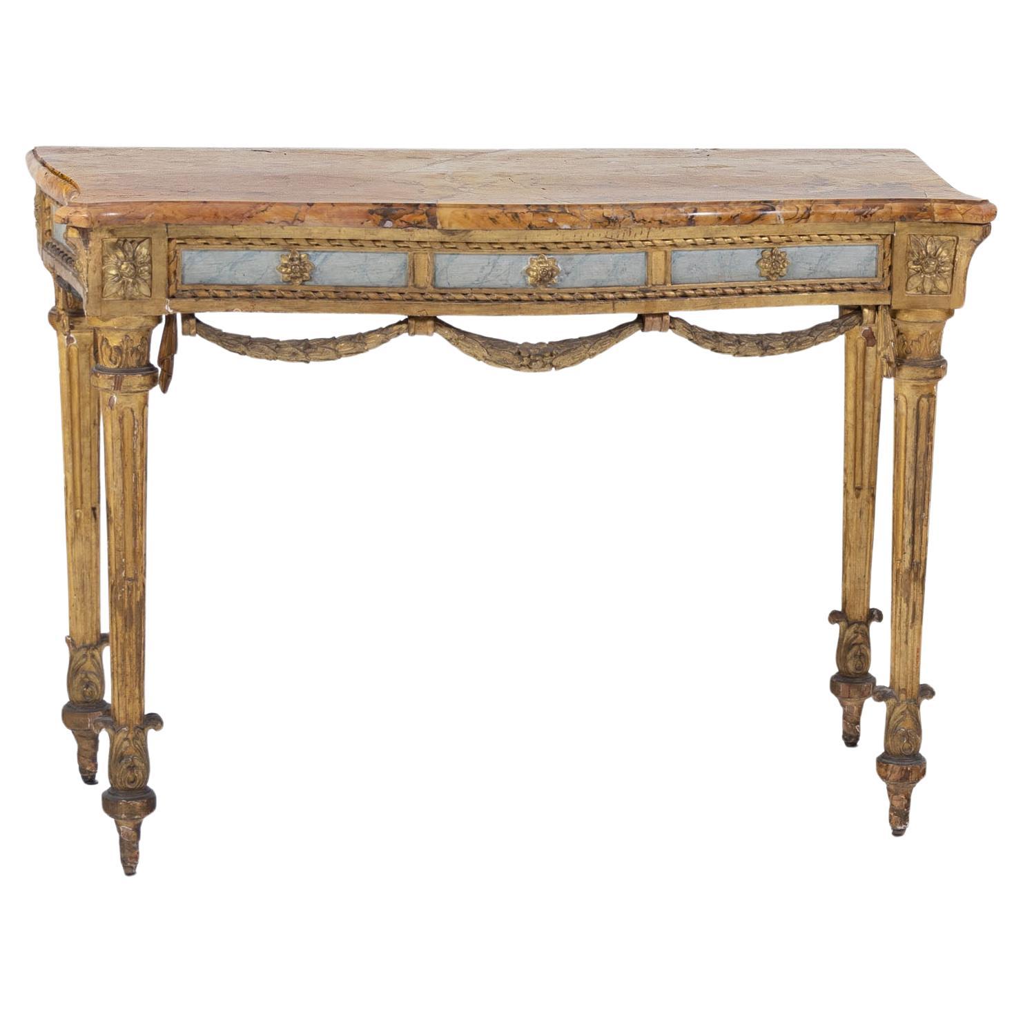 Pair of partially gilded consoles on high conical legs with tendril decoration. The frame is decorated with hanging festoons and set off in light blue. In between, rosettes and twisted profile moldings give the consoles an elegant character. The