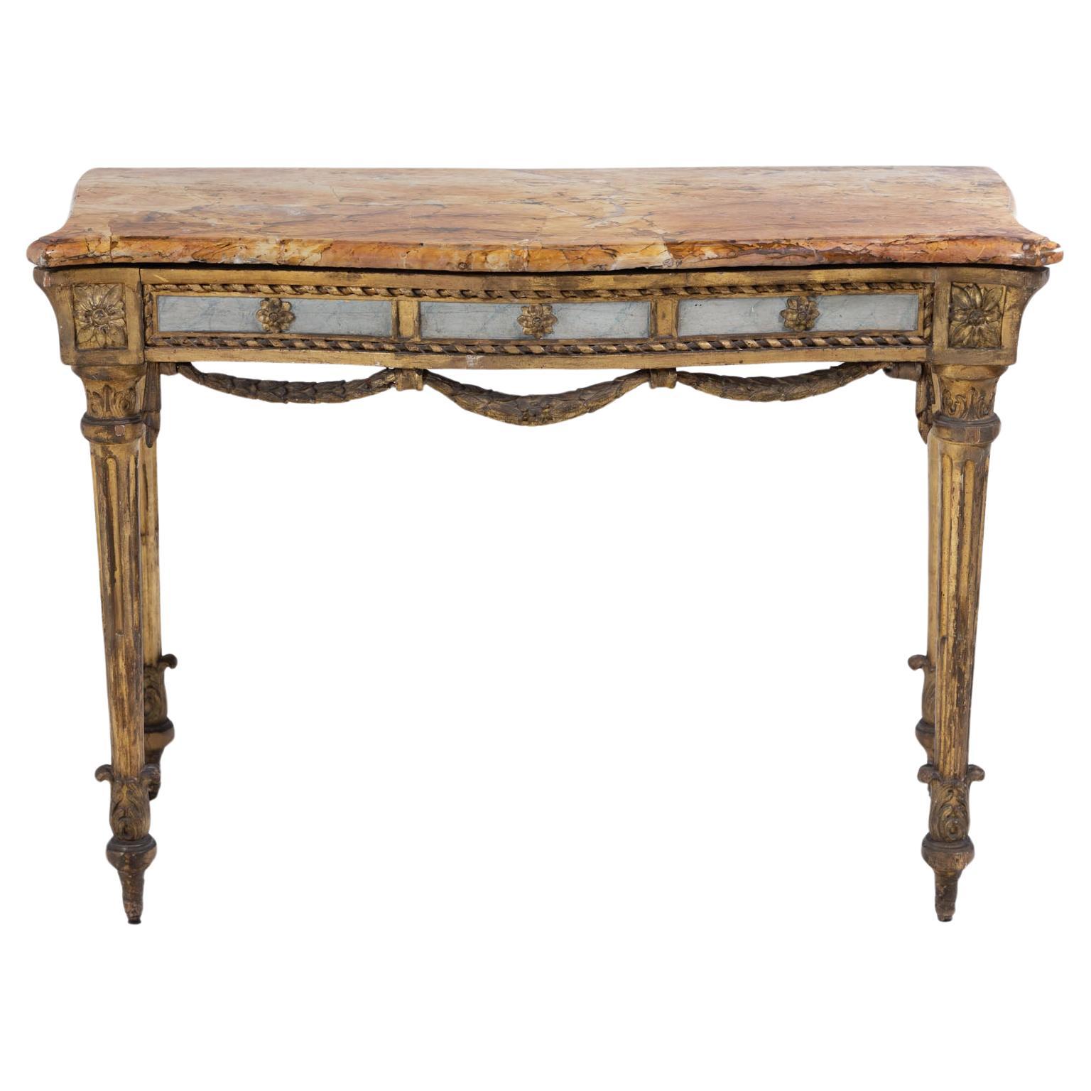 Italian Pair of giltwood consoles with marble tops, 19th Century For Sale