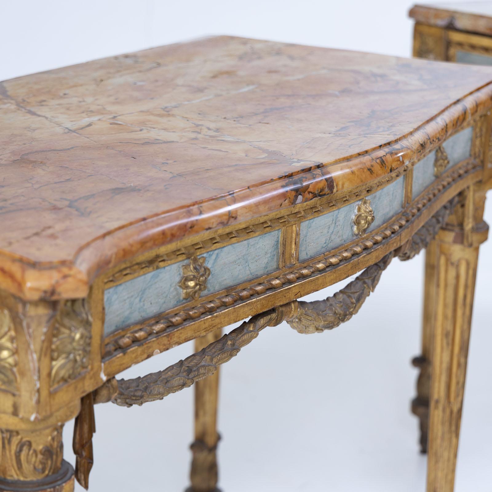 Gilt Pair of giltwood consoles with marble tops, 19th Century For Sale